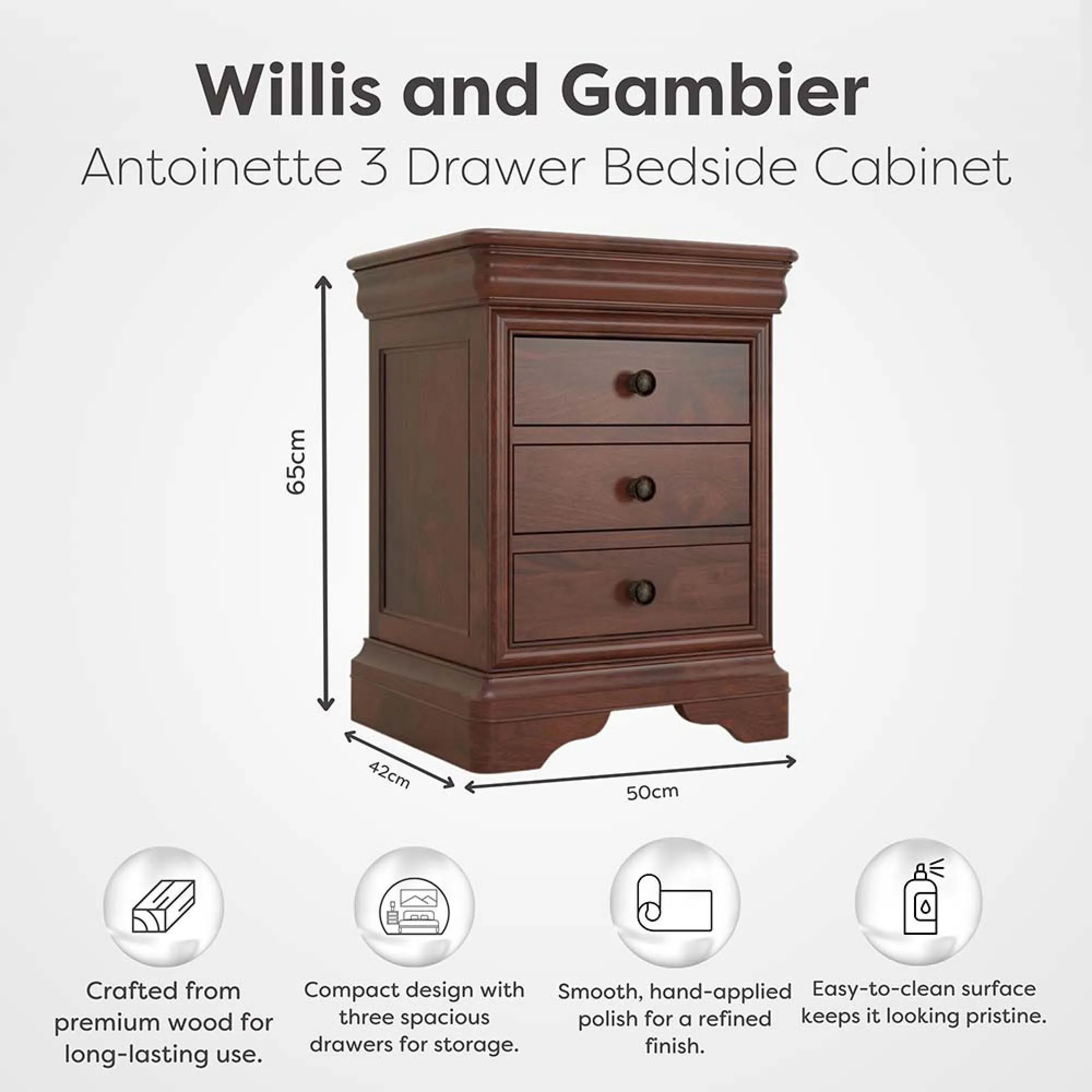 Antoinette 3 Drawer Bedside Cabinet - Dark Cherrywood