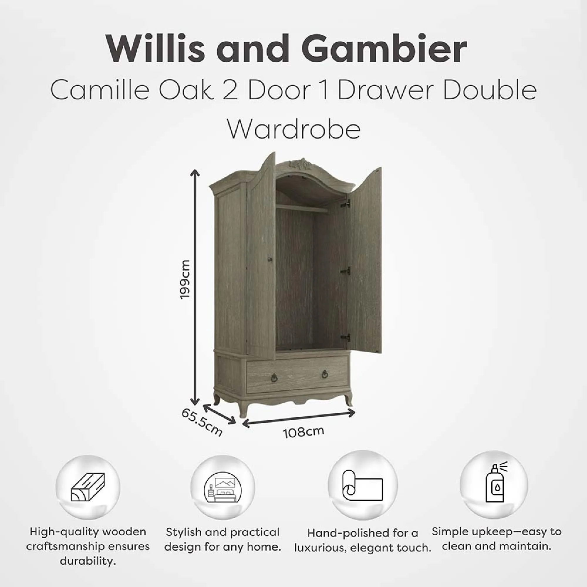 Camille 2 Door 1 Drawer Wardrobe - Grey