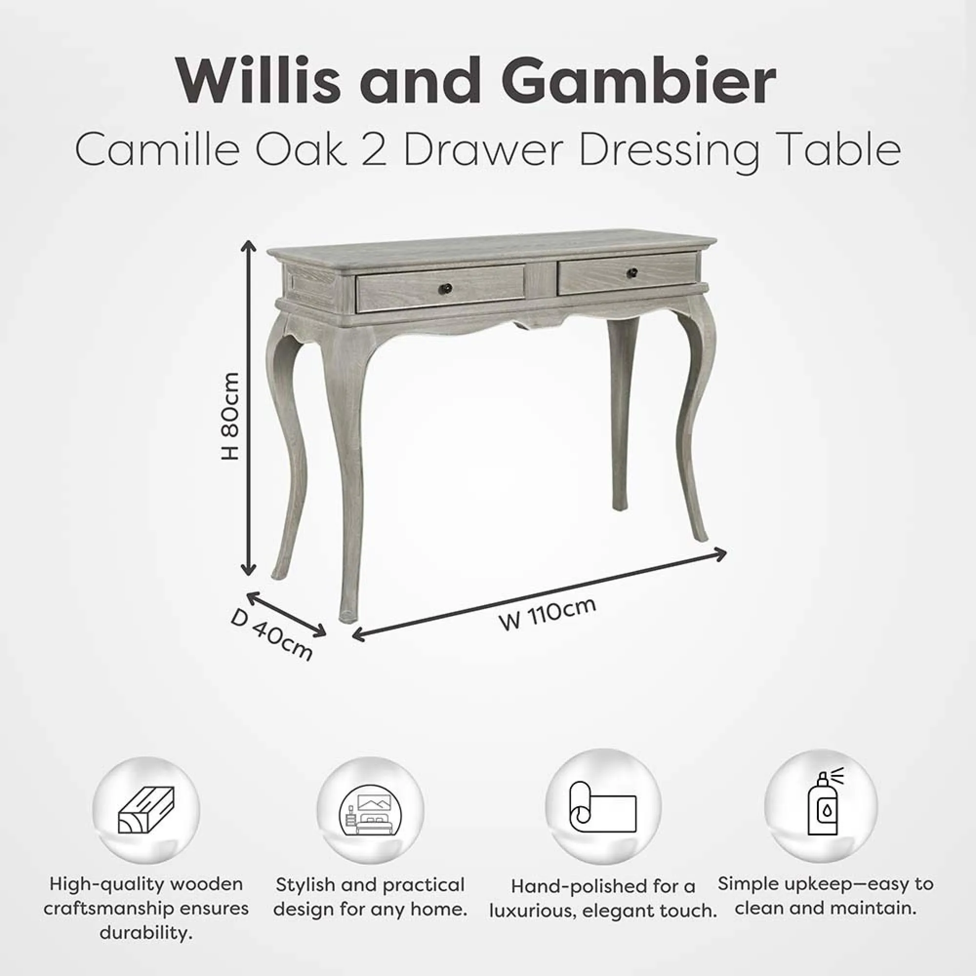 Camille 2 Drawer Dressing Table - Grey, Oak