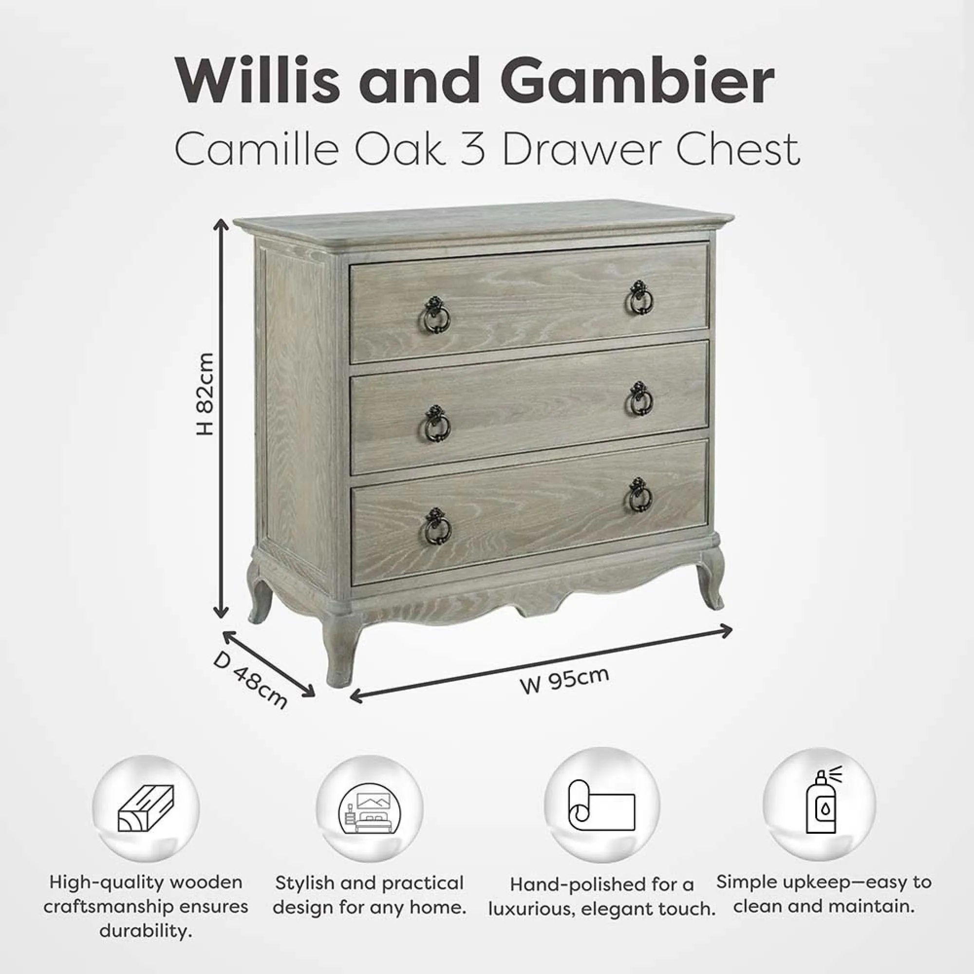 Camille 3-Drawer Chest - Grey, Oak