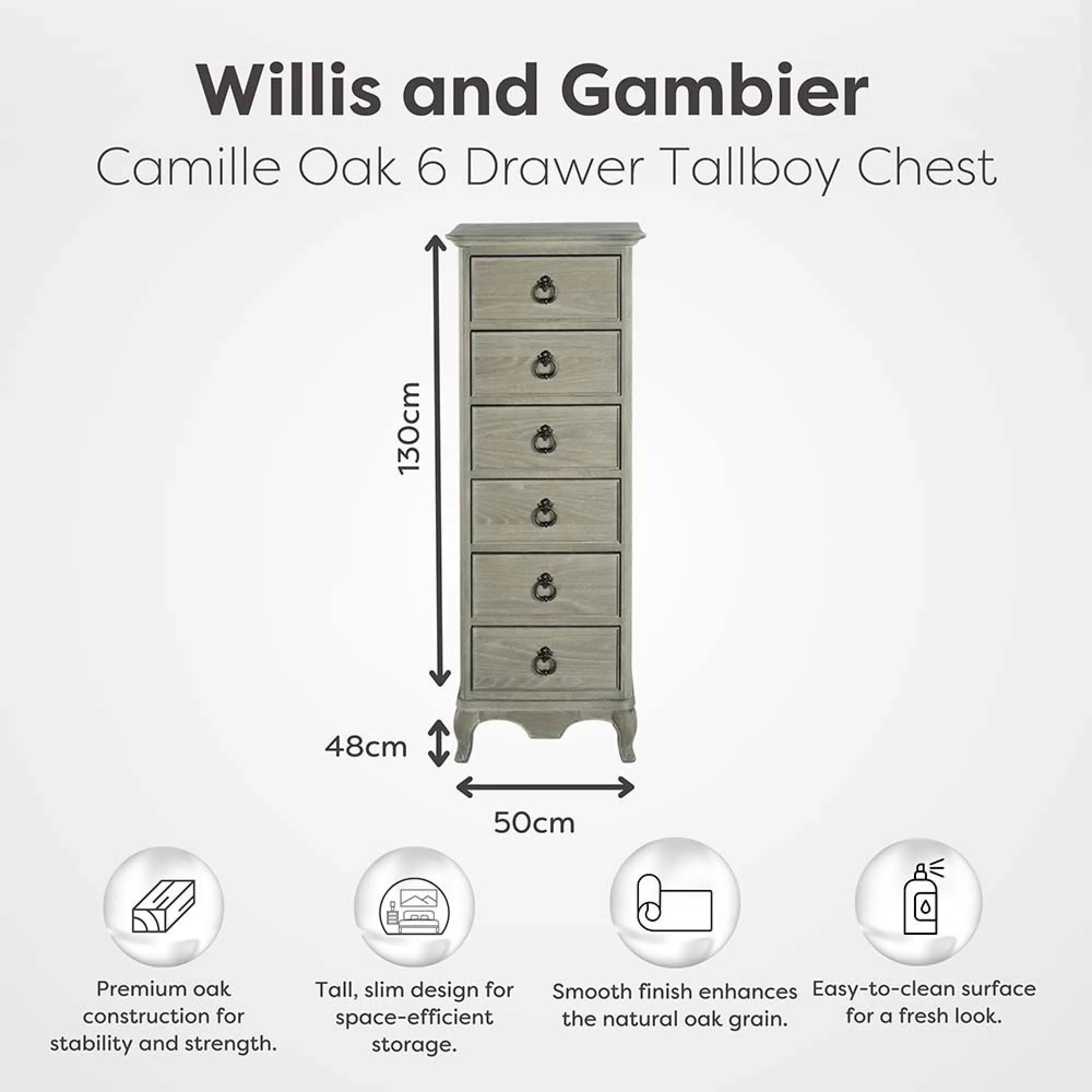 Camille 6 Drawer Tall Chest - Grey, Oak