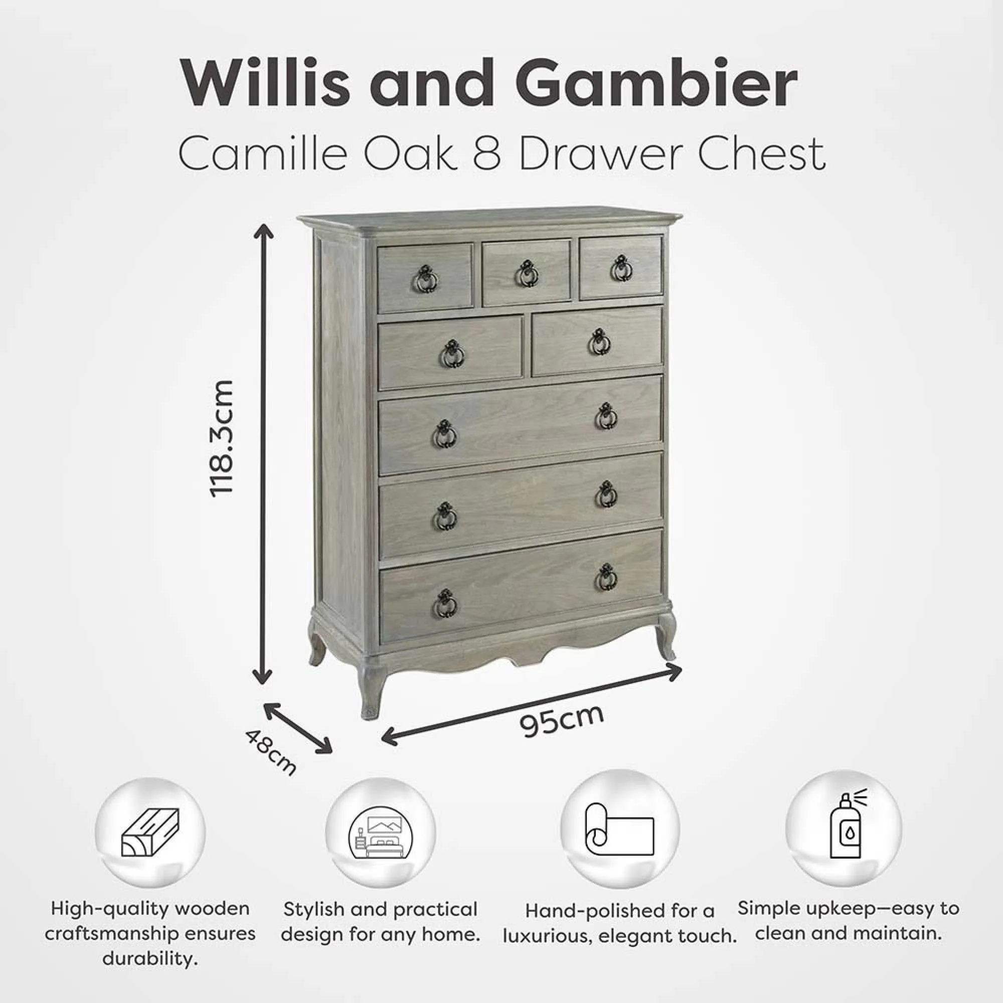 Camille 8 Drawer Chest - Grey, Oak