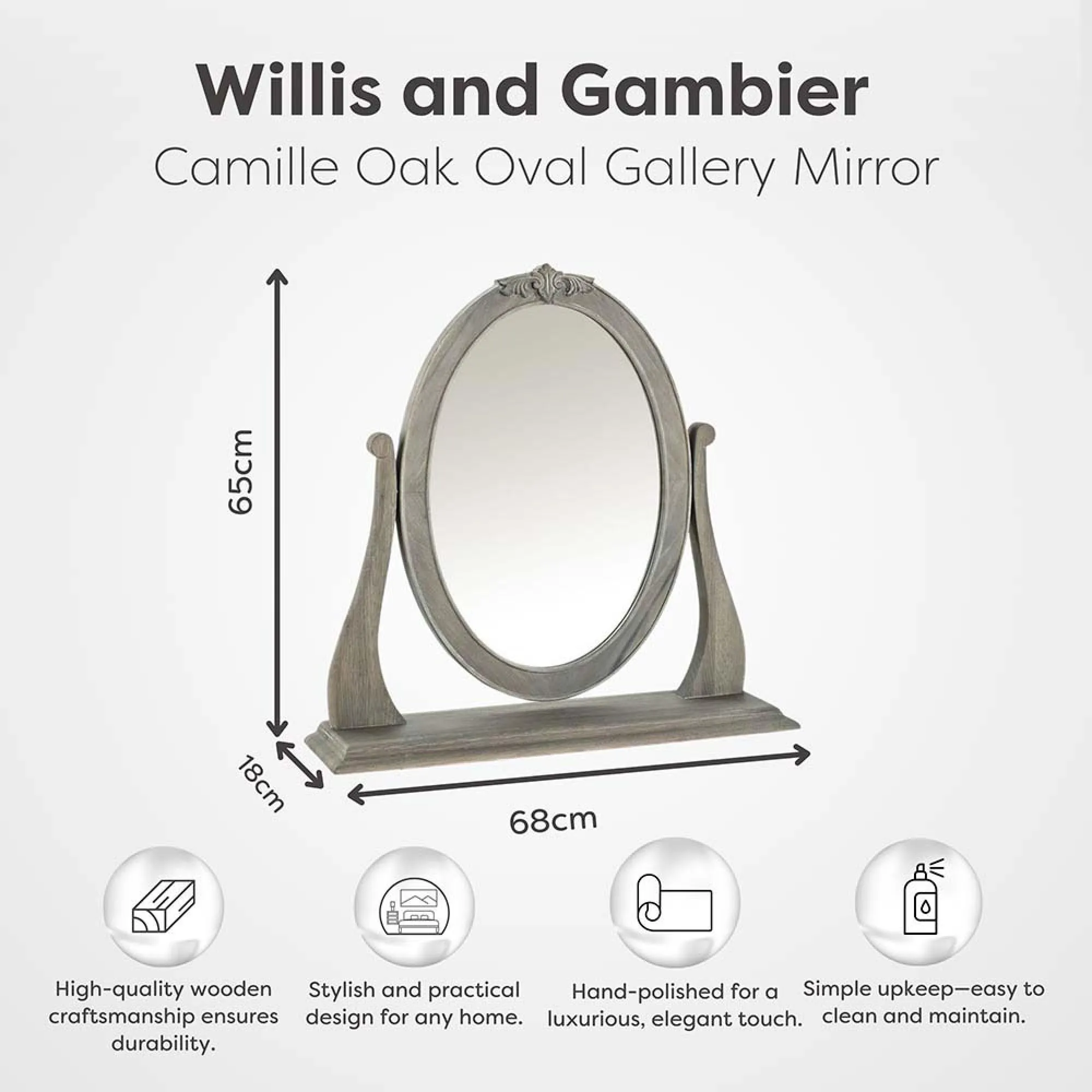 Camille Oval Gallery Mirror - Grey, Oak