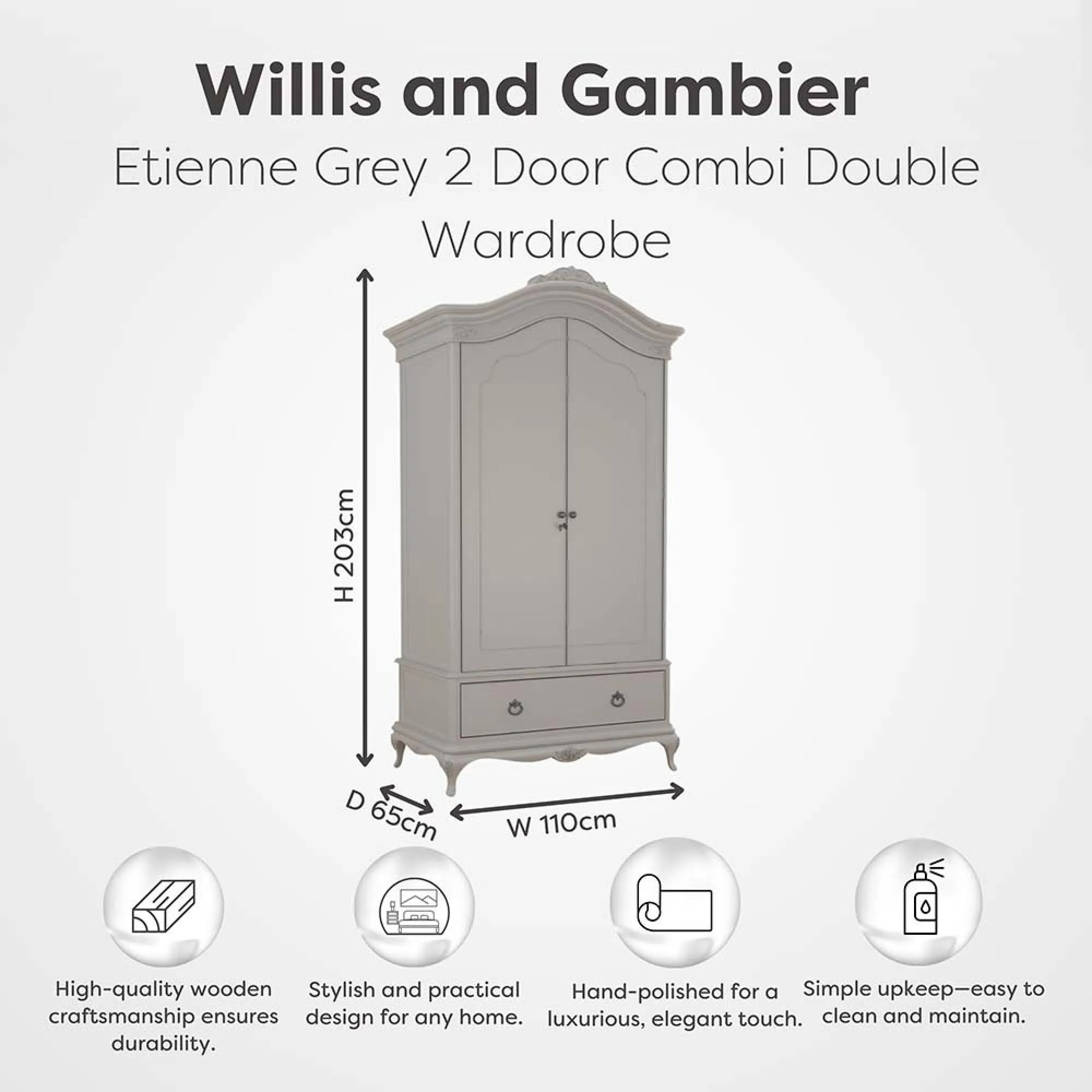 Etienne 2 Door 1 Drawer Wardrobe - Grey