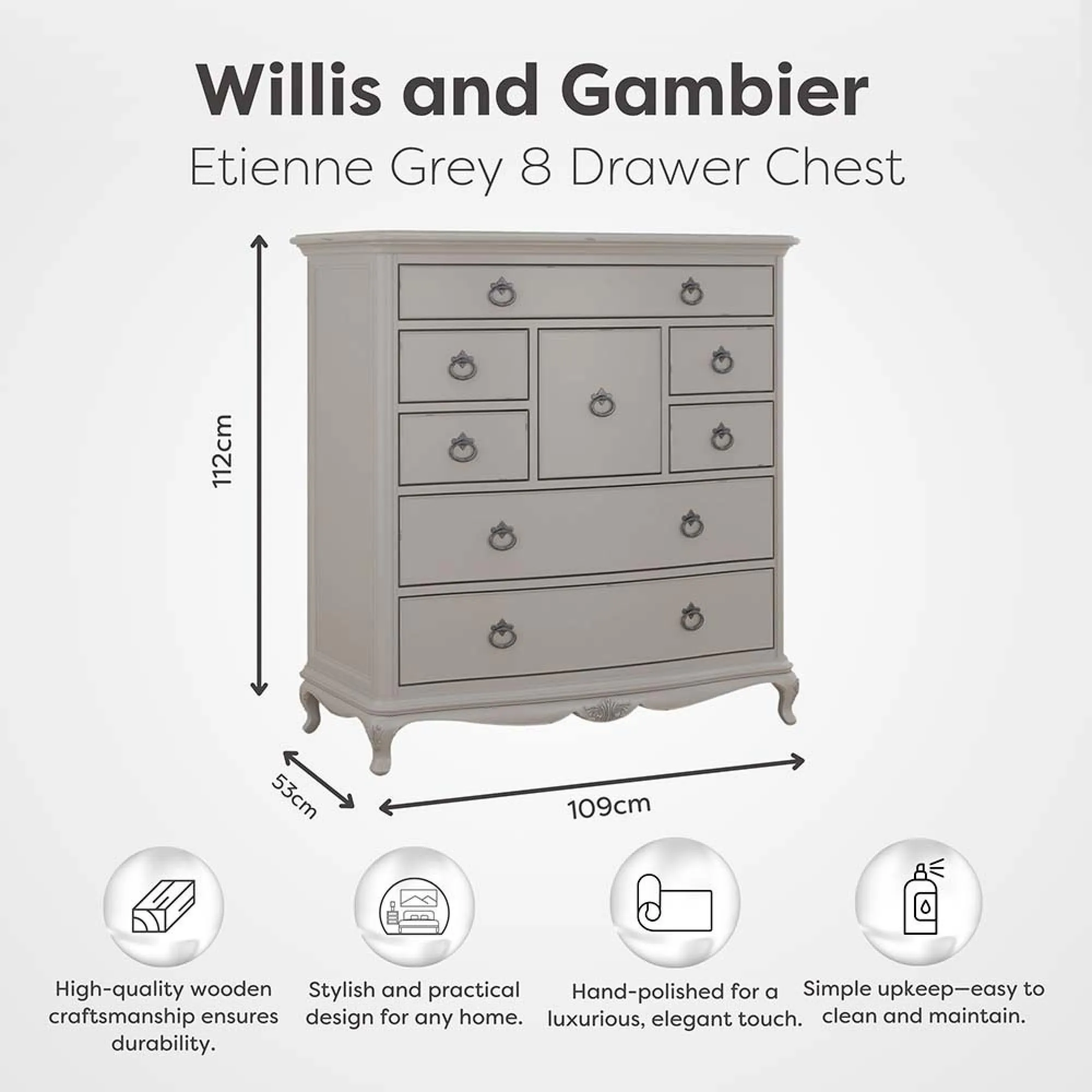 Etienne 8 Drawer Chest - Grey