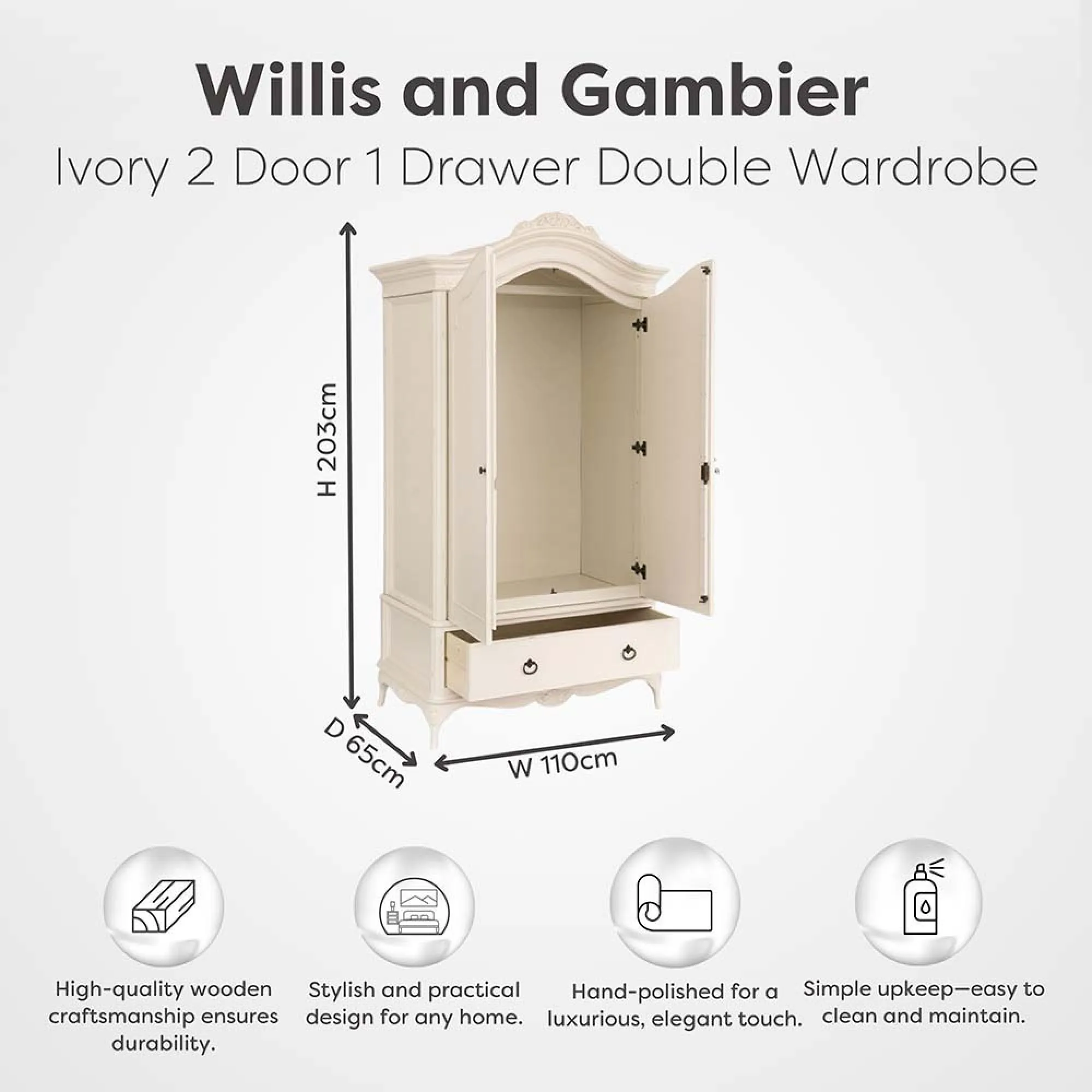 Ivory 2 Door 1 Drawer Wardrobe - Ivory