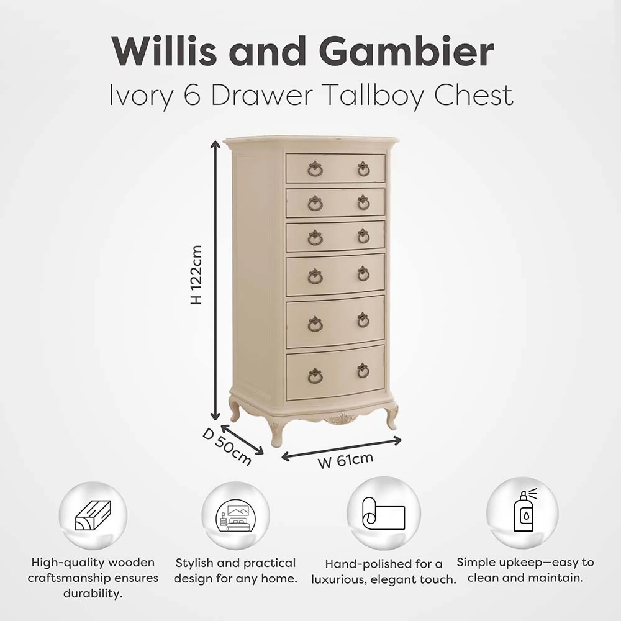 Ivory 6 Drawer Tall Chest - Ivory