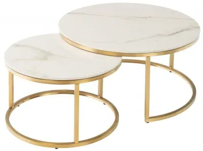 Portafino Set of 2 Round Coffee Tables - Gold, Marble Effect