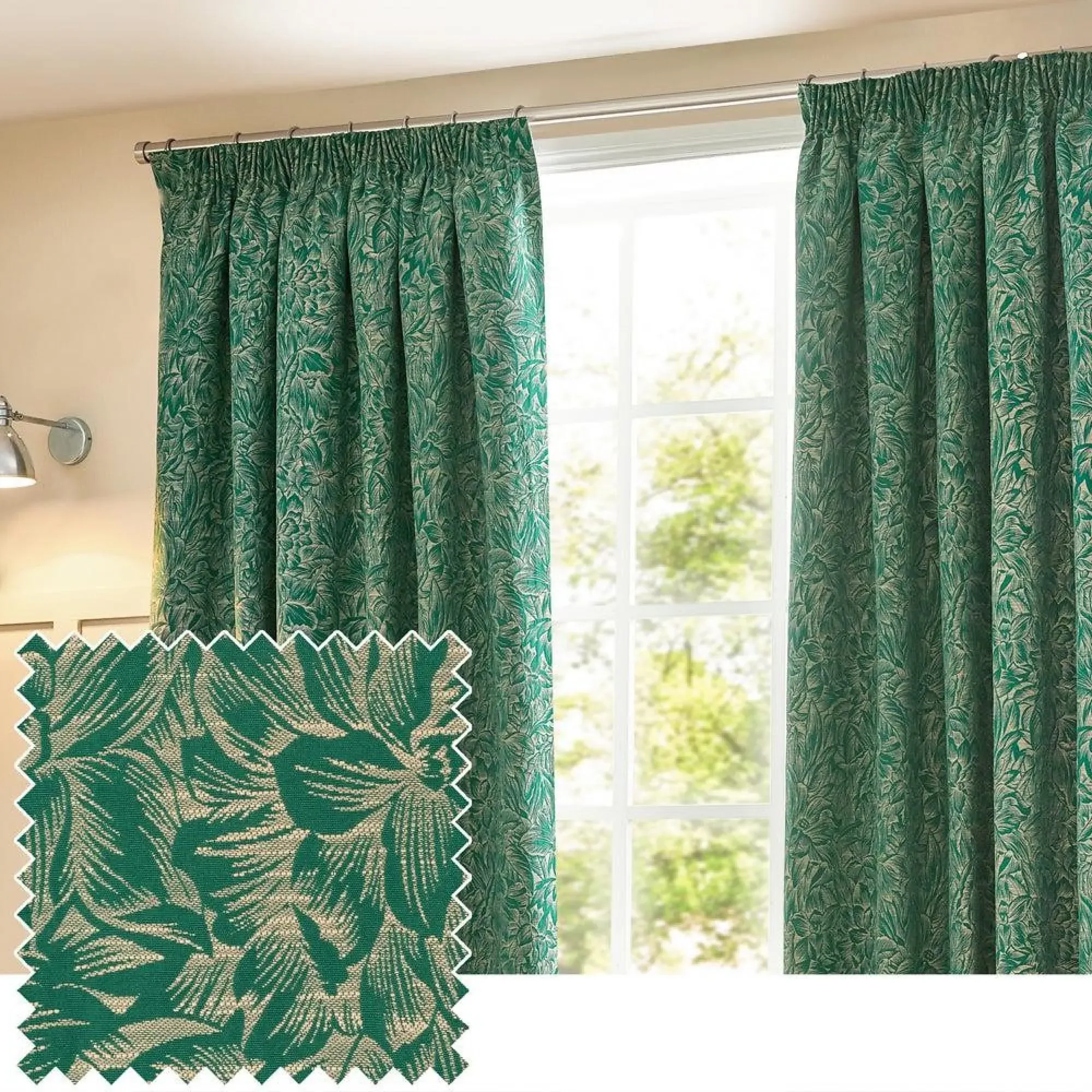 Grantley Jacquard Pencil Pleat Curtains - Emerald