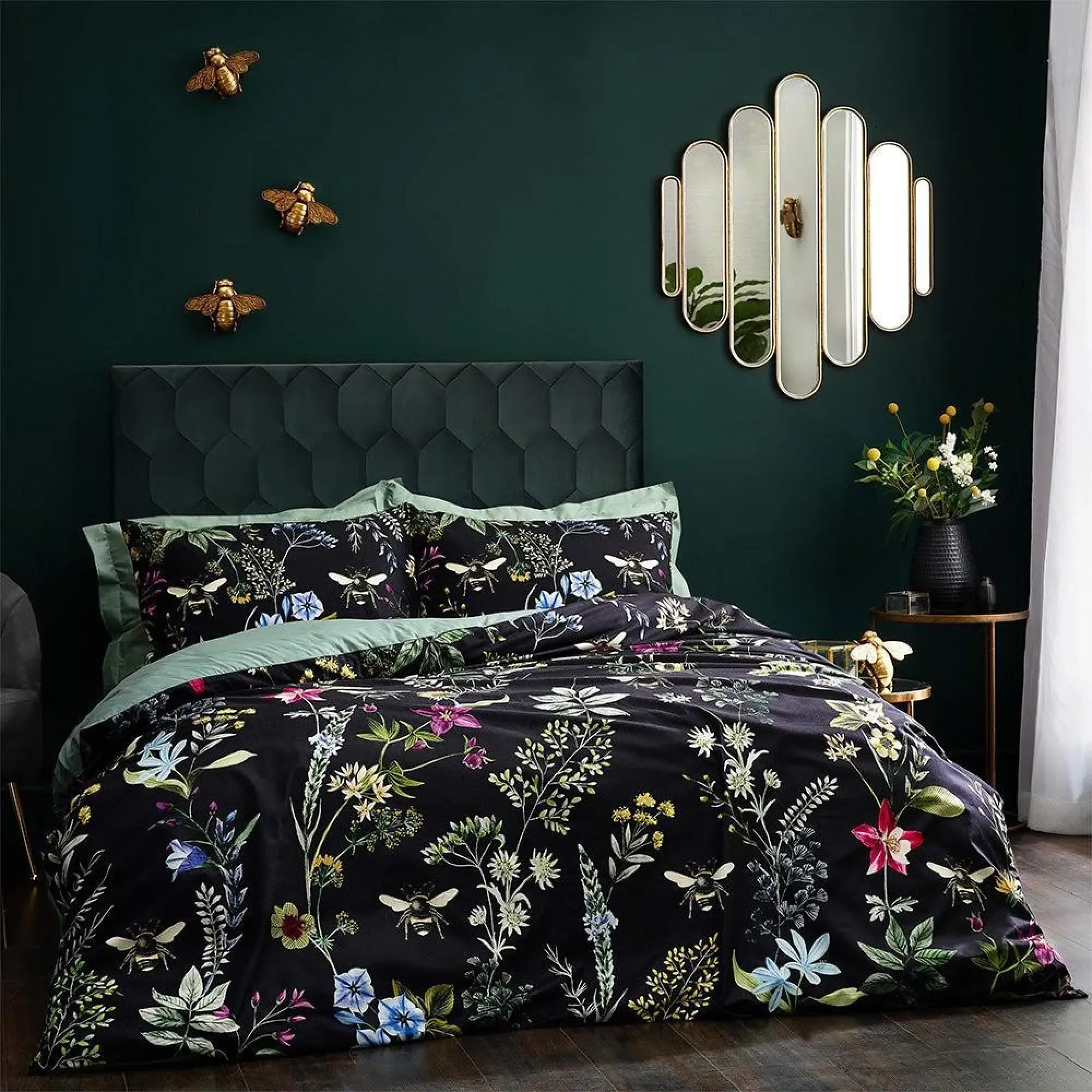 Midnight Bee Floral Duvet Cover Set - Black, Velvet
