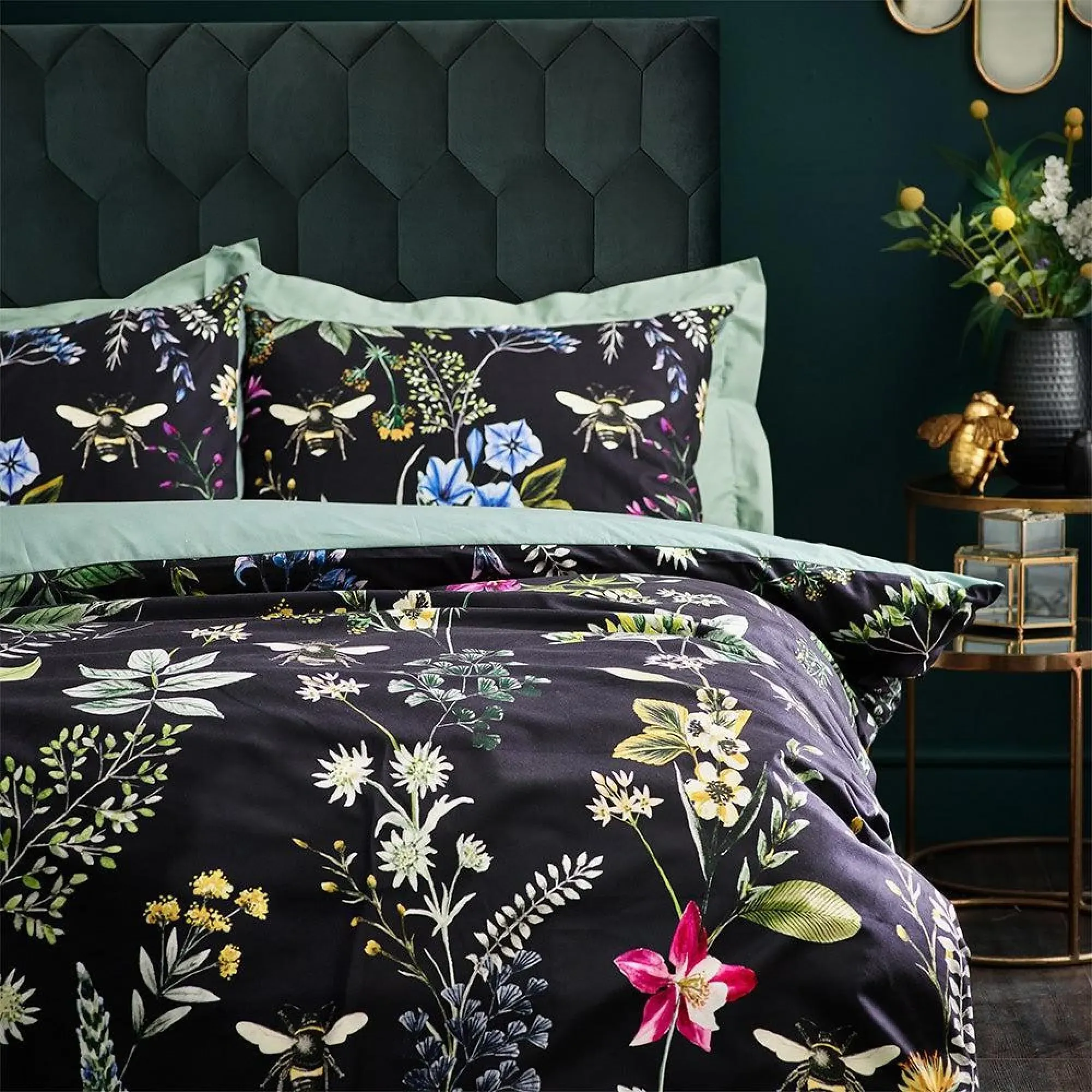 Midnight Bee Floral Duvet Cover Set - Black, Velvet