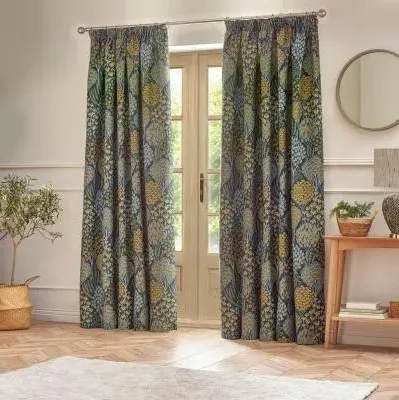Ophelia Floral Jacquard Pencil Pleat Curtains - Blue image