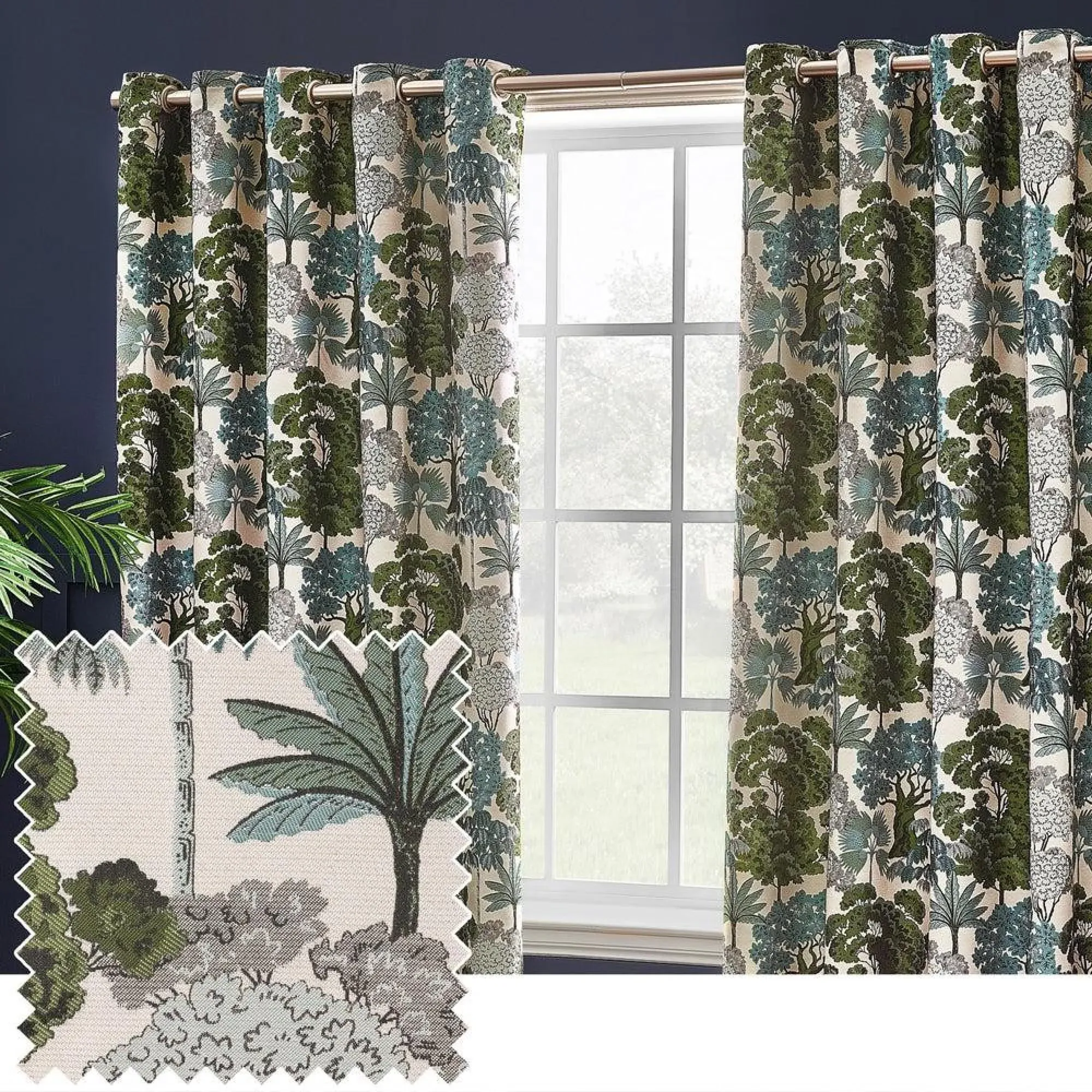 Woodlands Room Darkening Eyelet Curtains - Green