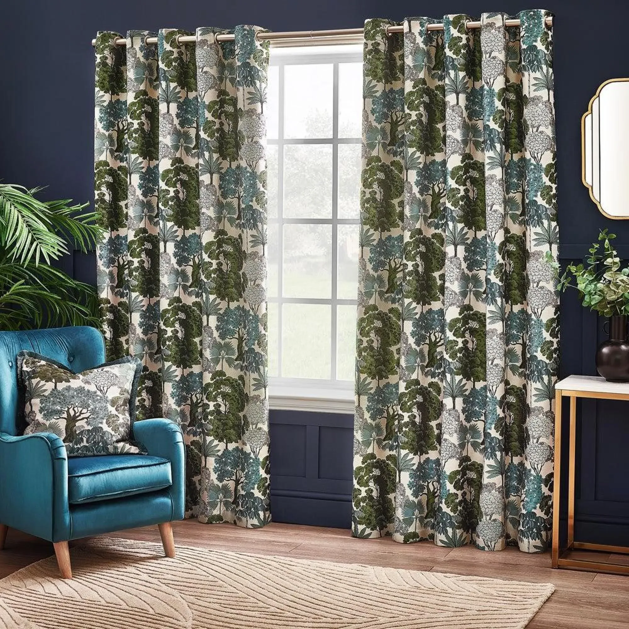 Woodlands Room Darkening Eyelet Curtains - Green