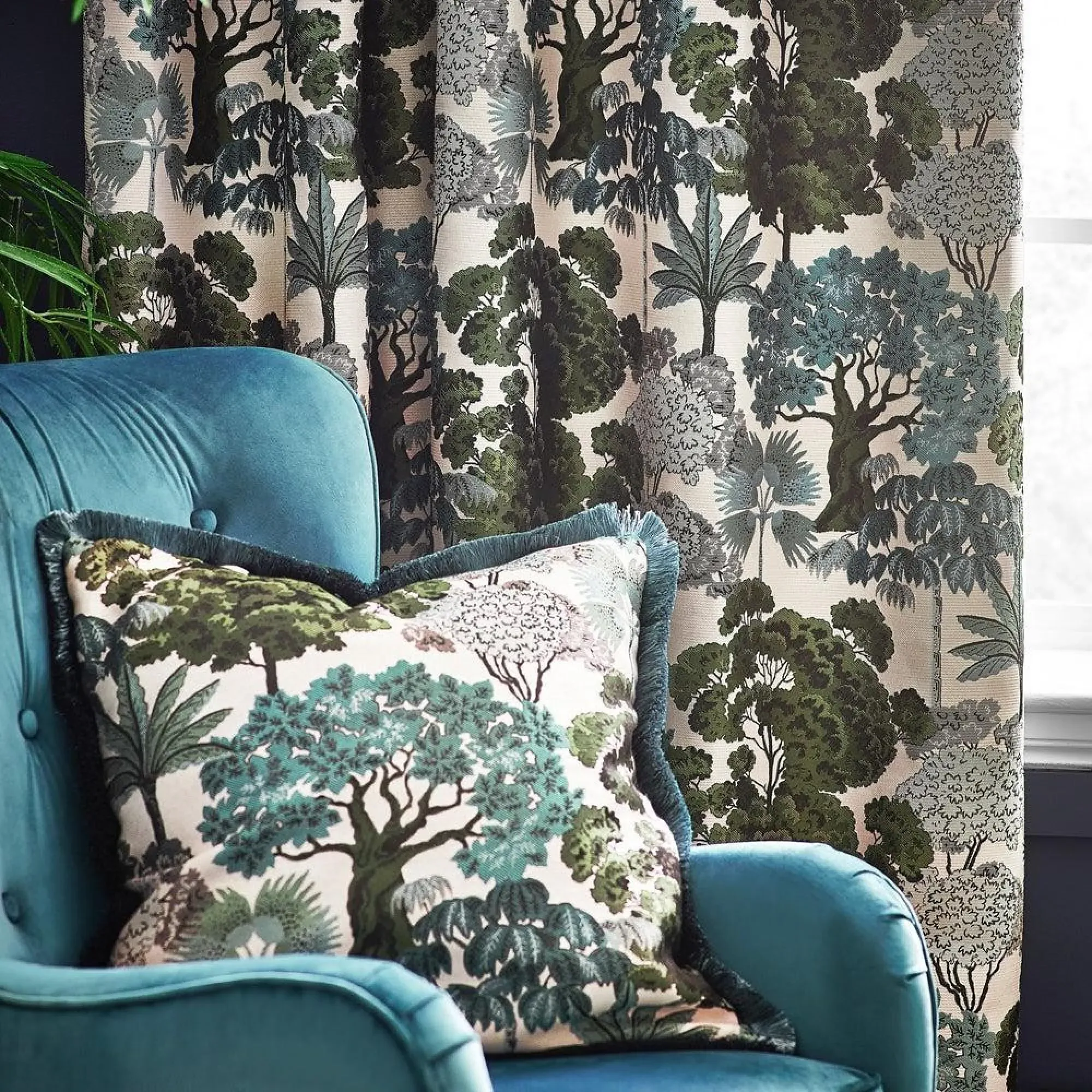 Woodlands Room Darkening Eyelet Curtains - Green