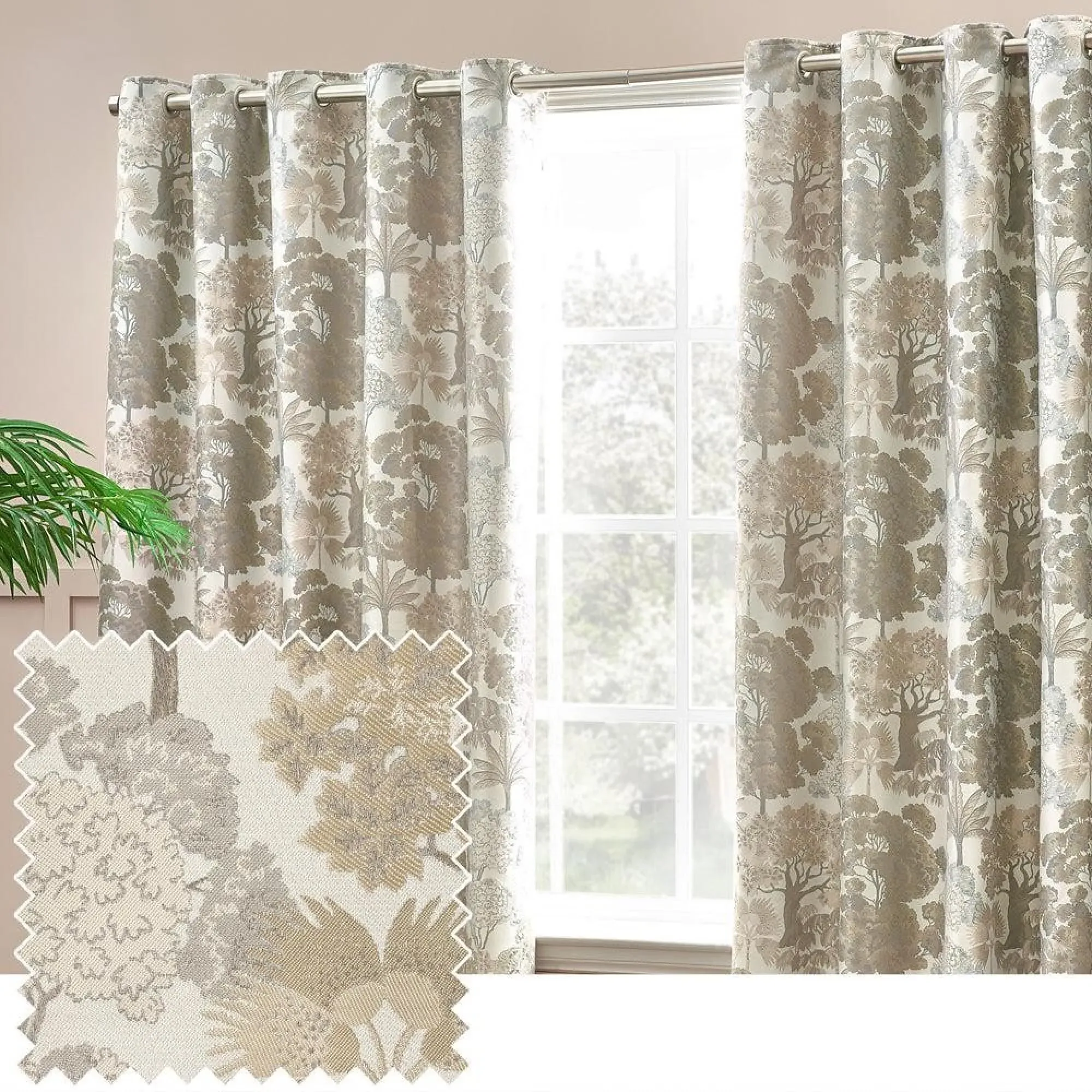 Woodlands Room Darkening Eyelet Curtains - Natural