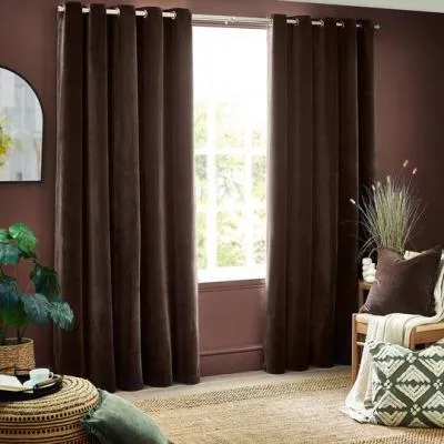 Heavy Chenille Room Darkening Eyelet Curtains - Brown image