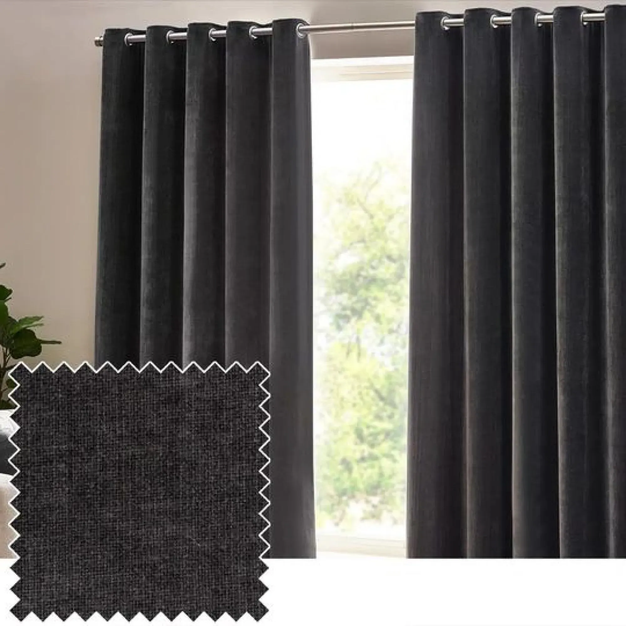Heavy Chenille Room Darkening Eyelet Curtains - Charcoal