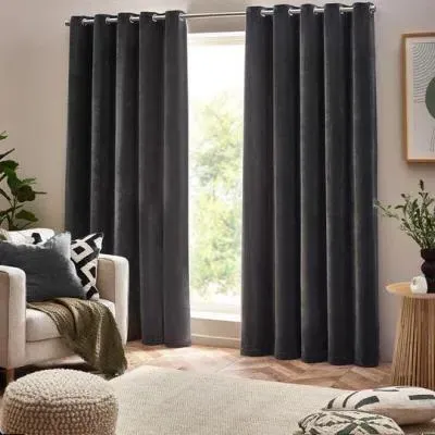 Heavy Chenille Room Darkening Eyelet Curtains - Charcoal