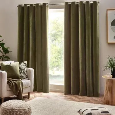 Heavy Chenille Room Darkening Eyelet Curtains - Olive