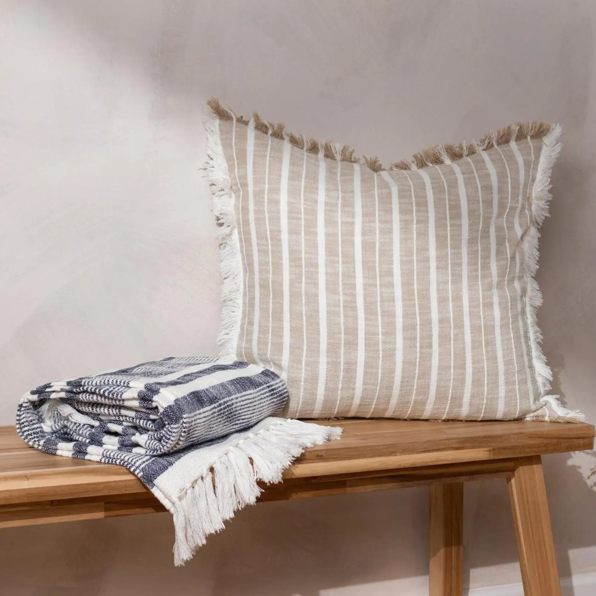 Neela Striped Throw with Fringe - Natural, Navy