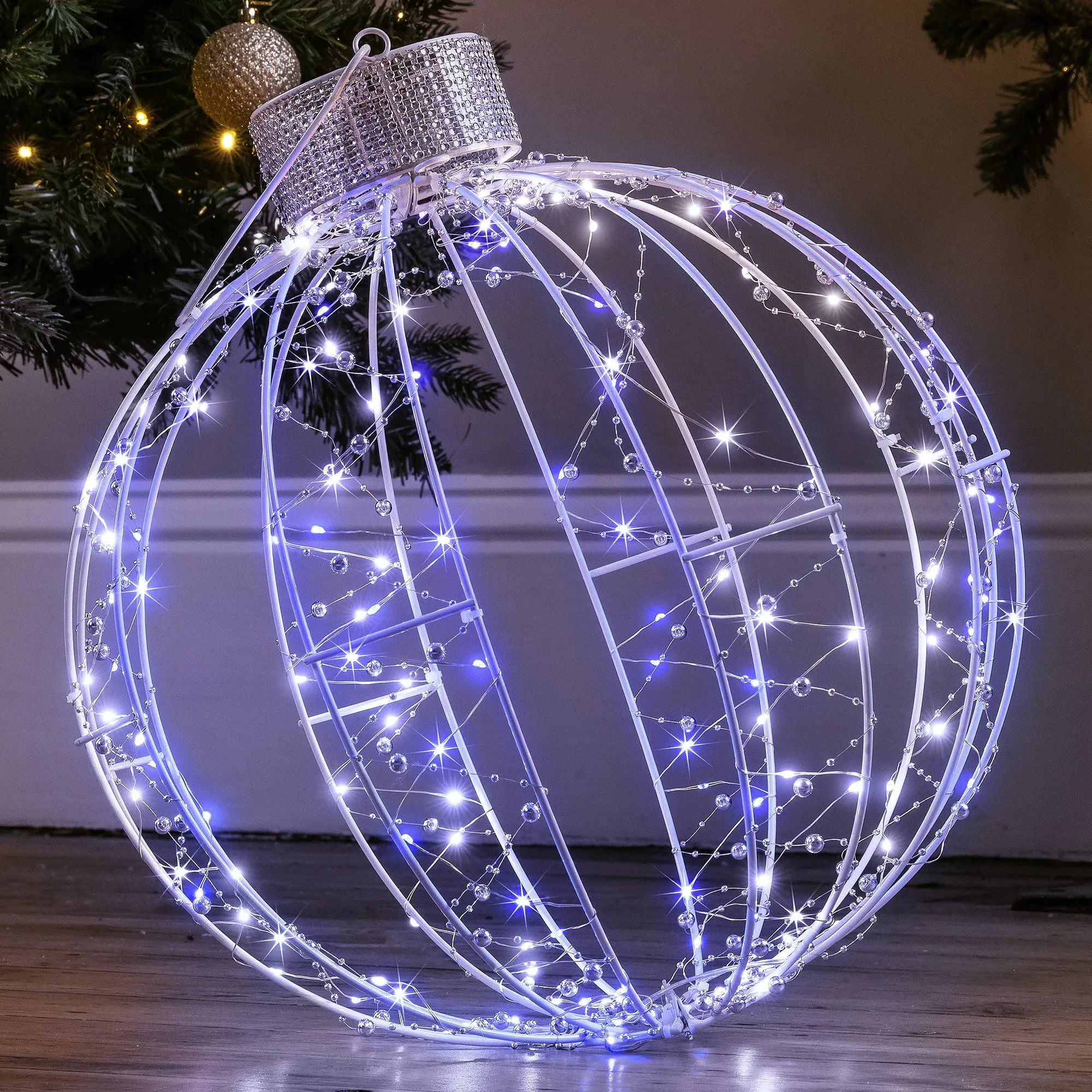 3D Light Up Christmas Bauble - White Metal, Silver Beading alternate view