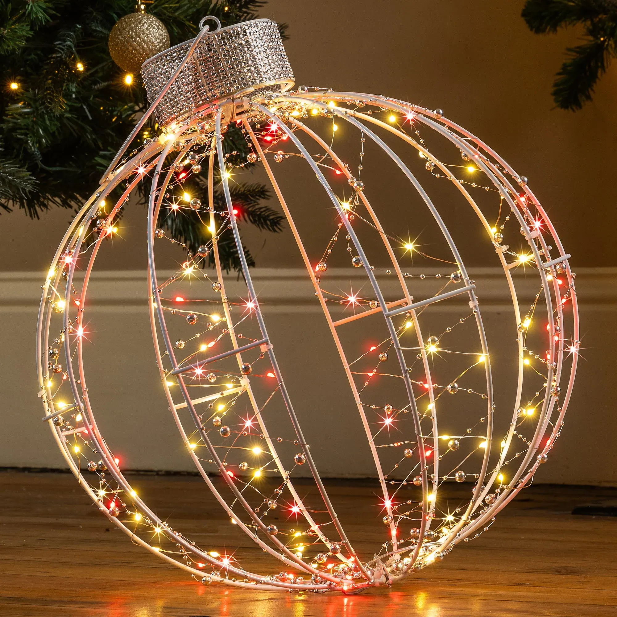 3D Light Up Christmas Bauble - White Metal, Silver Beading product