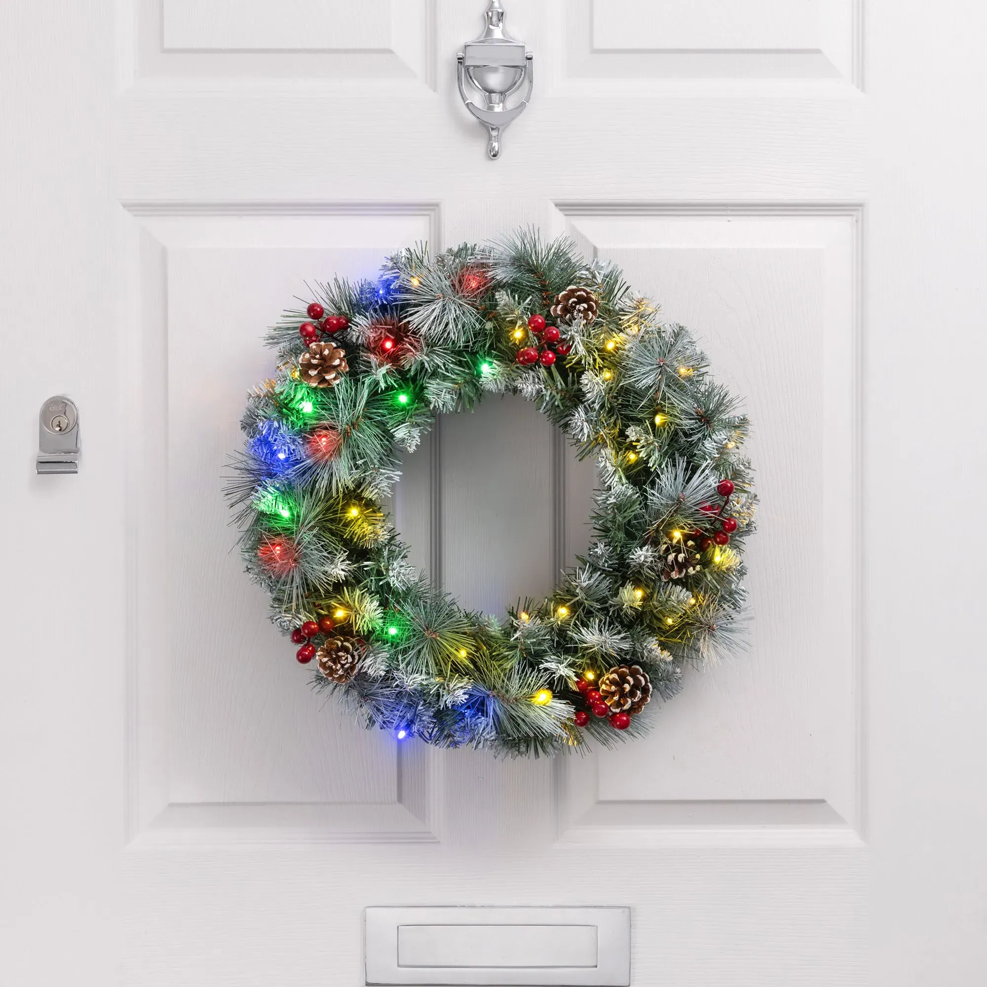 60cm Frosted Pre-Lit Christmas Wreath with Pine Cones alternate view