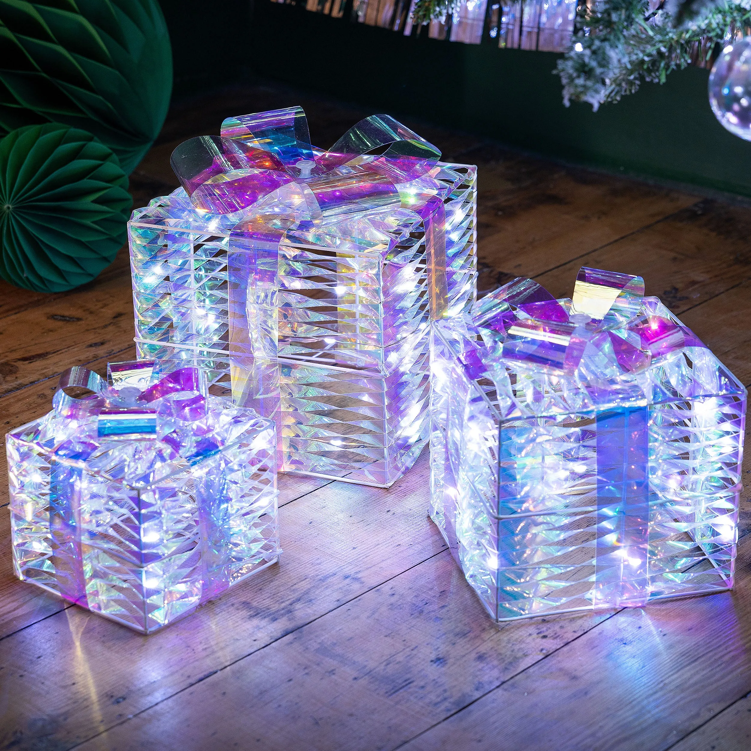 Light Up Iridescent Christmas Present Decorations - Set of 3 product