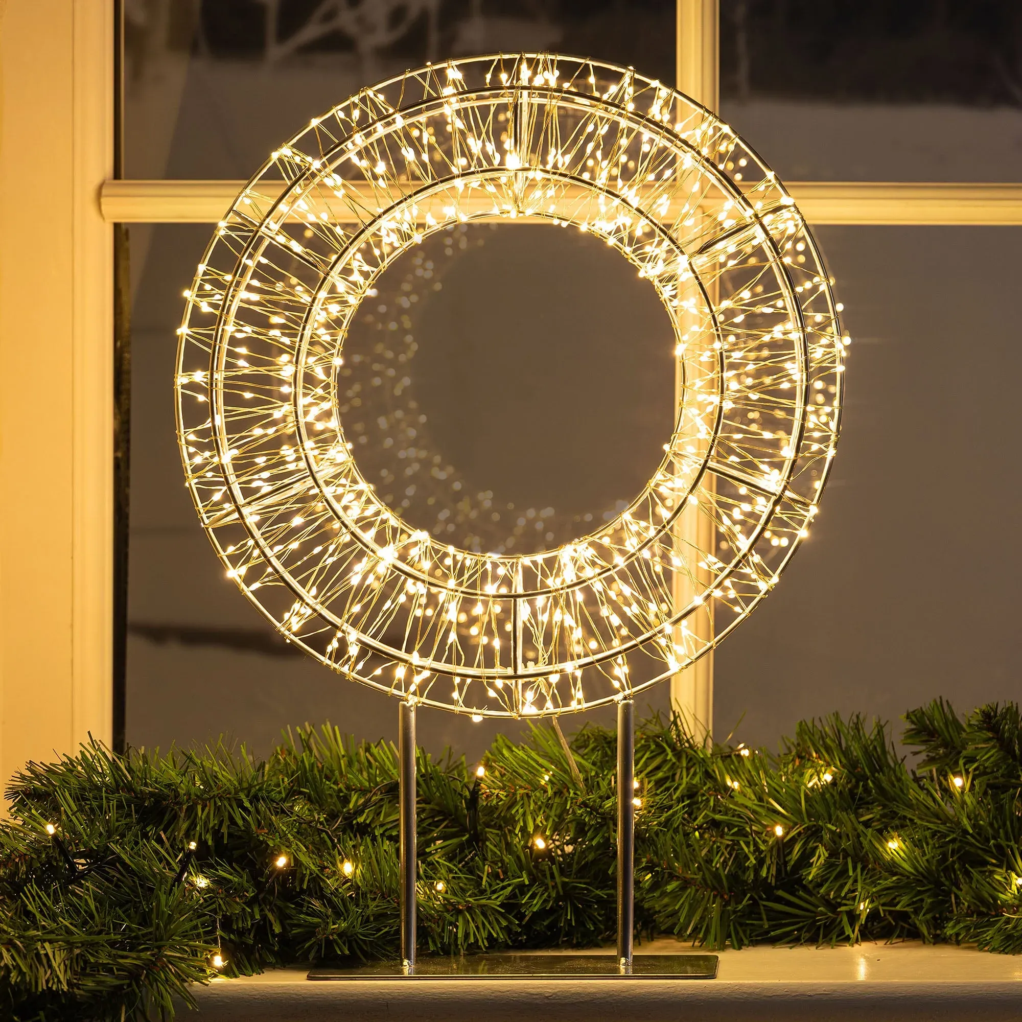 Micro LED Christmas Wreath with Stand - Silver Metal alternate view