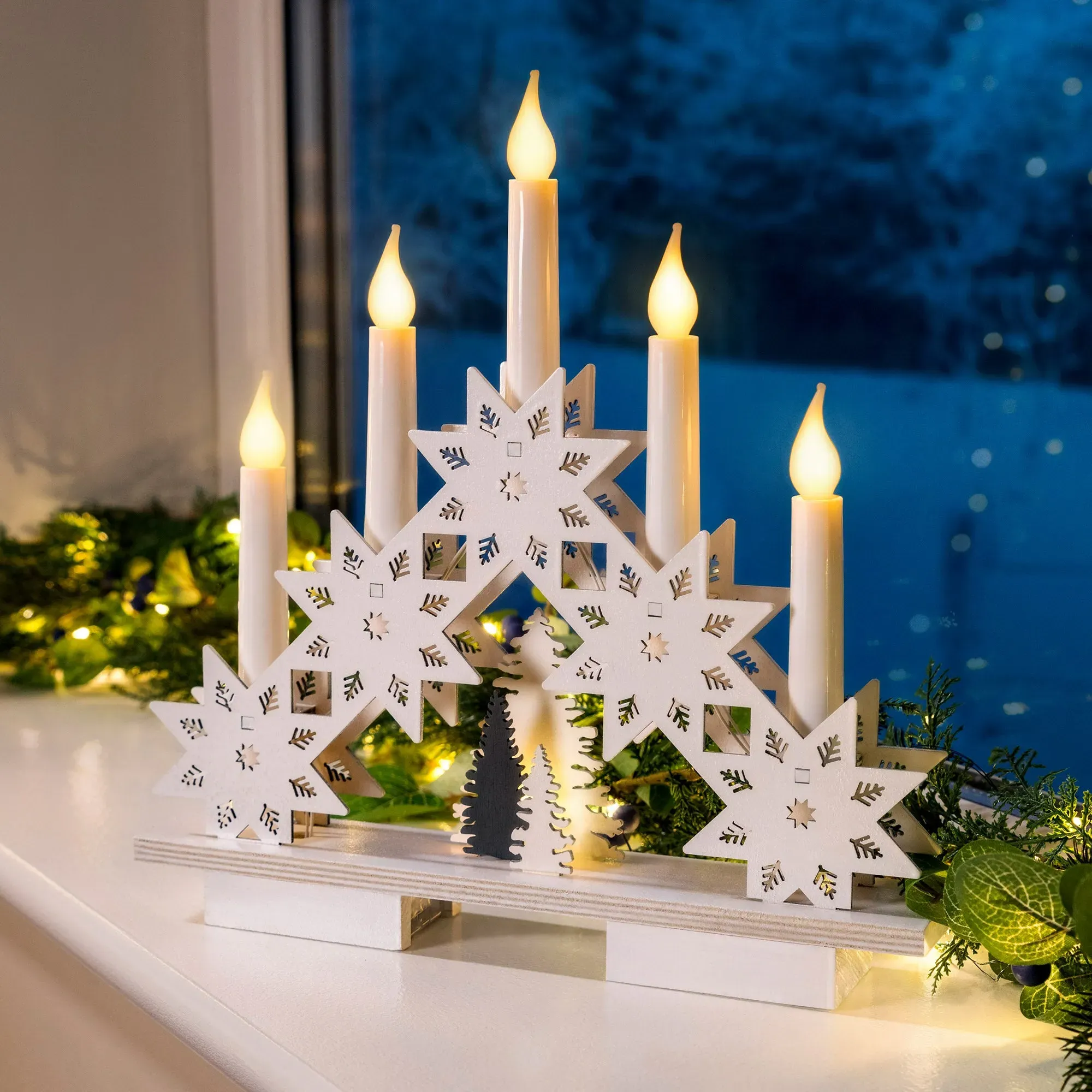 Snowflake Christmas Candle Bridge Light - White, Wood product
