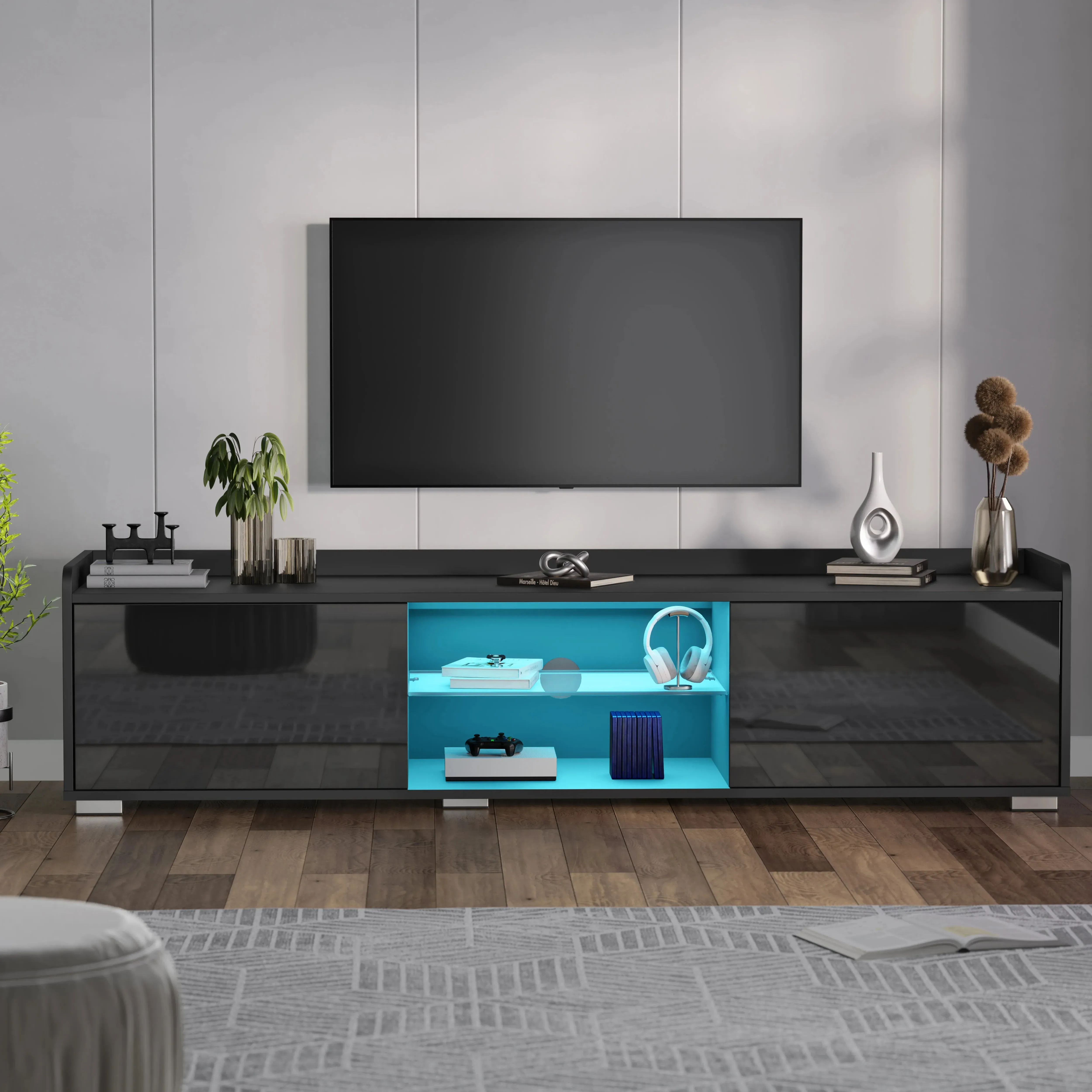 160cm High Gloss LED TV Unit with Storage - Black alternate view