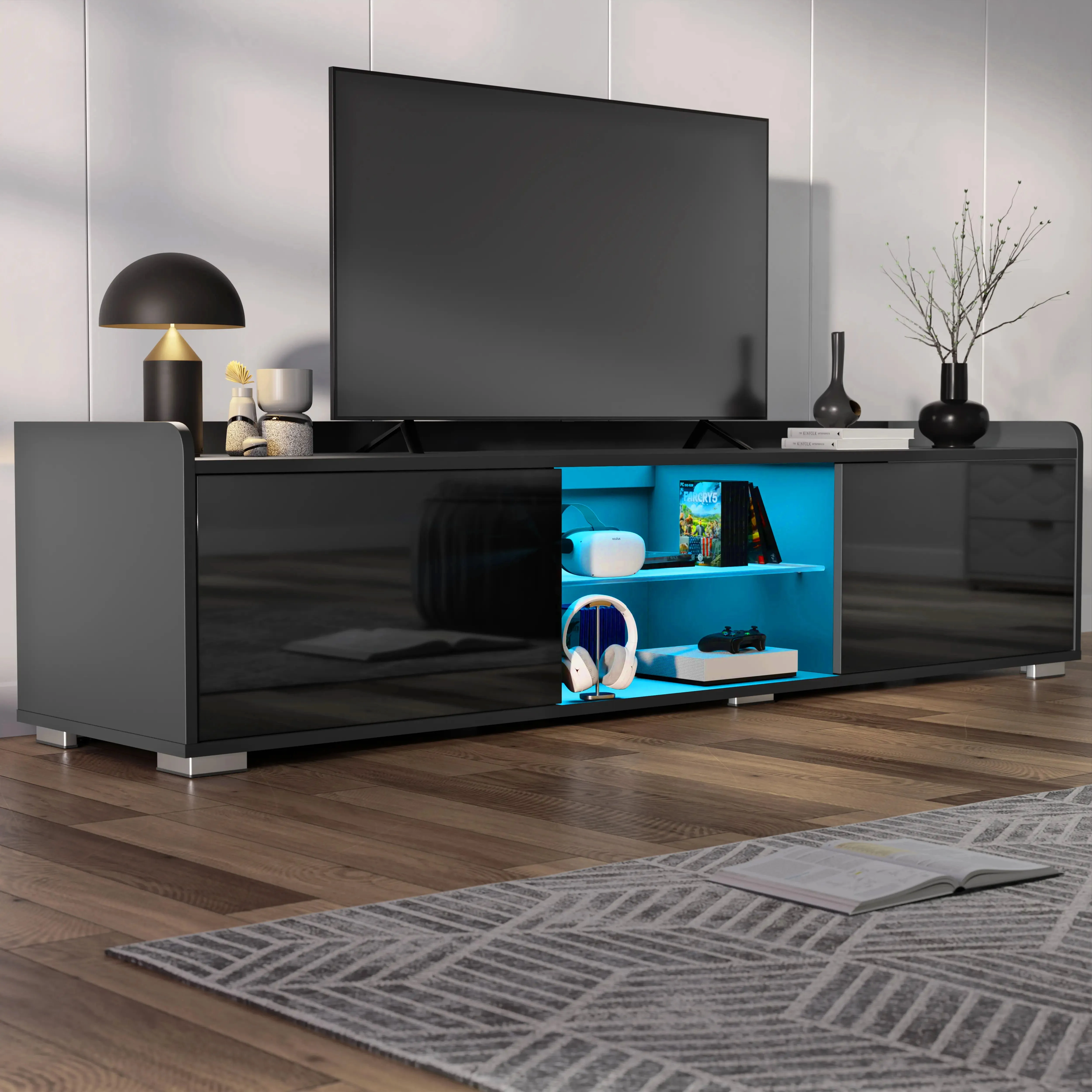 160cm High Gloss LED TV Unit with Storage - Black product