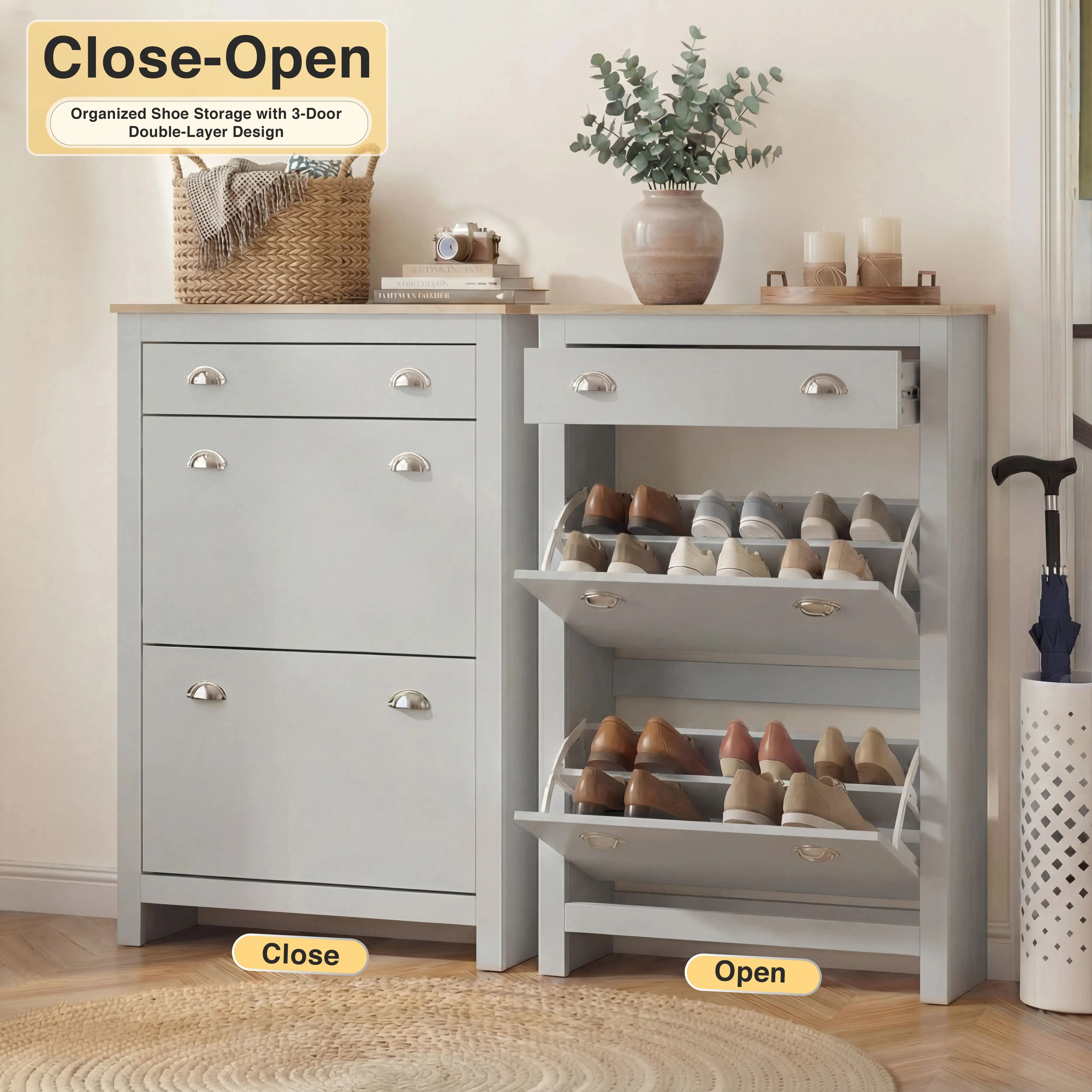 2-Door Slim Shoe Cabinet with Drawer - Grey, Engineered Wood alternate view