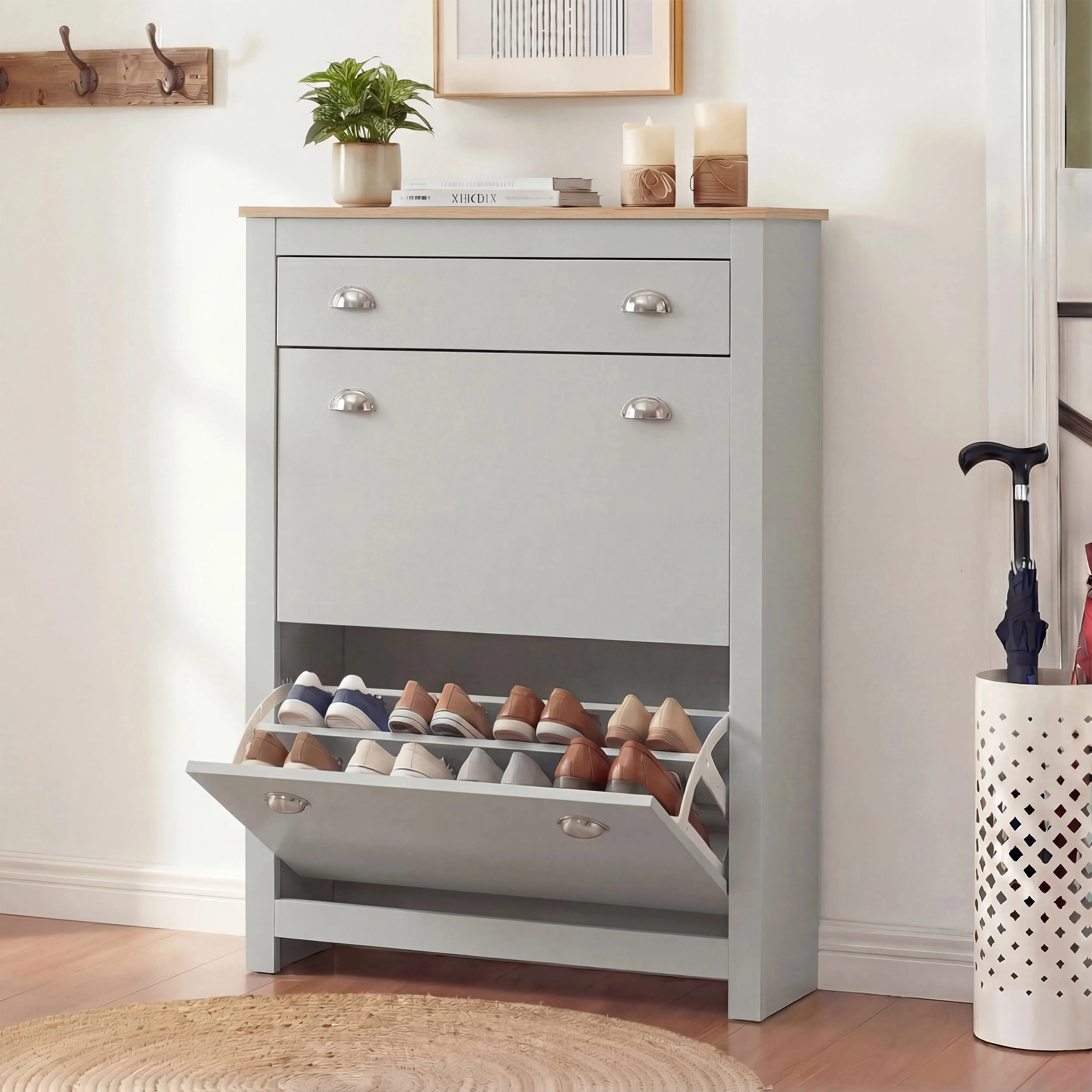 2-Door Slim Shoe Cabinet with Drawer - Grey, Engineered Wood product