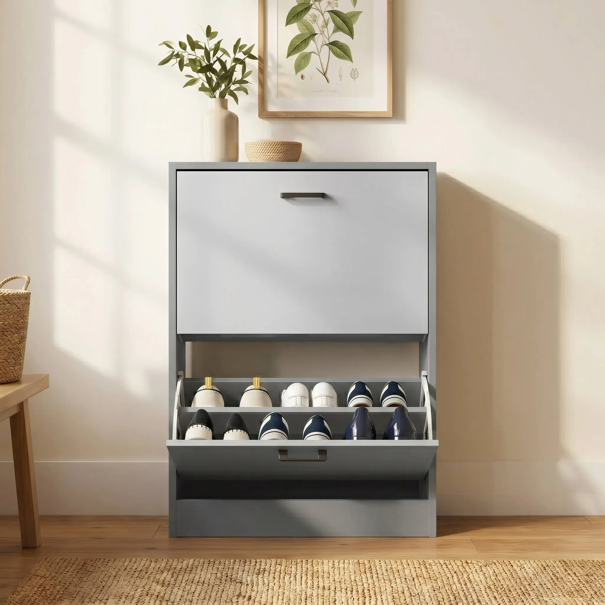2-Drawer Slim Shoe Cabinet - Dark Grey, Engineered Wood alternate view