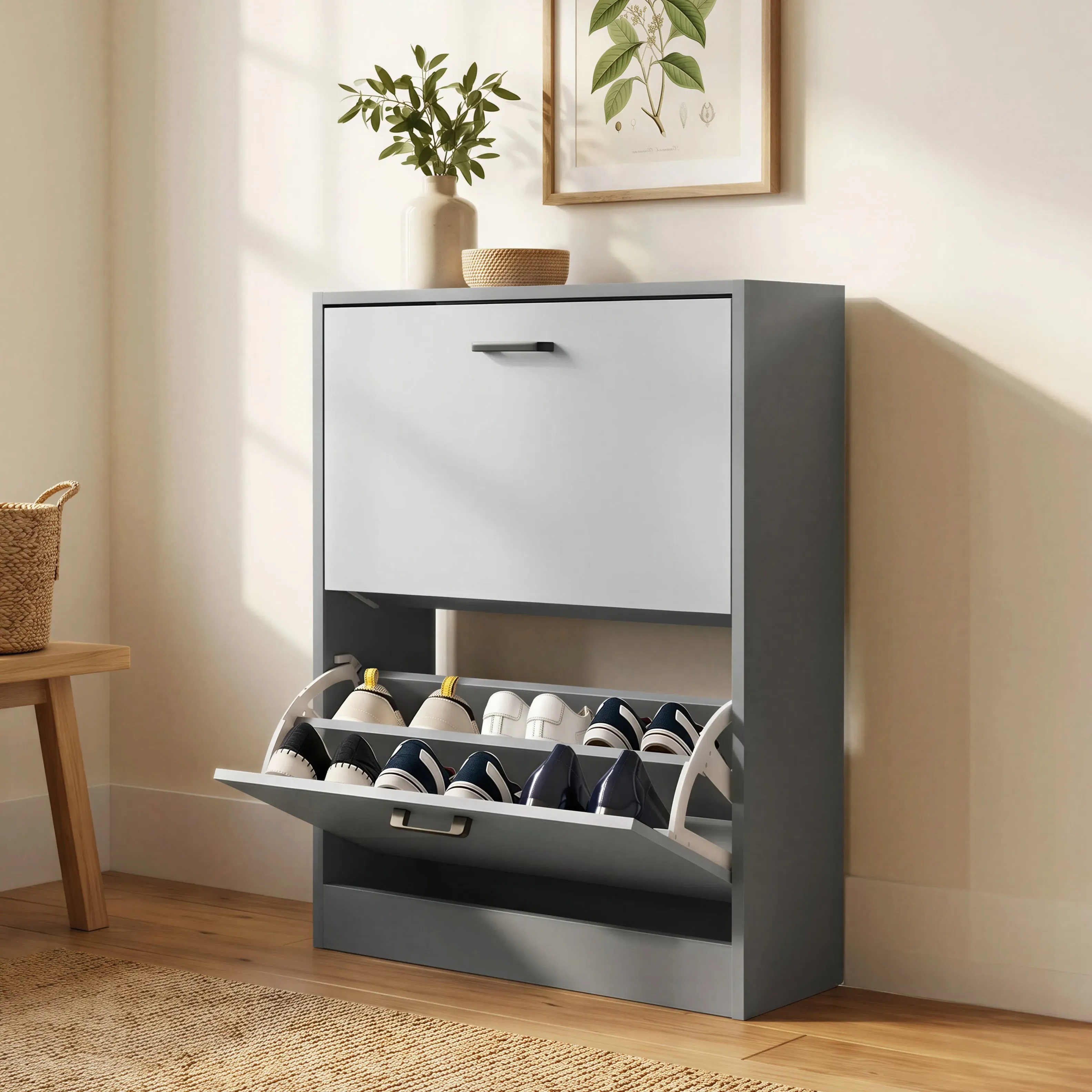 2-Drawer Slim Shoe Cabinet - Dark Grey, Engineered Wood product
