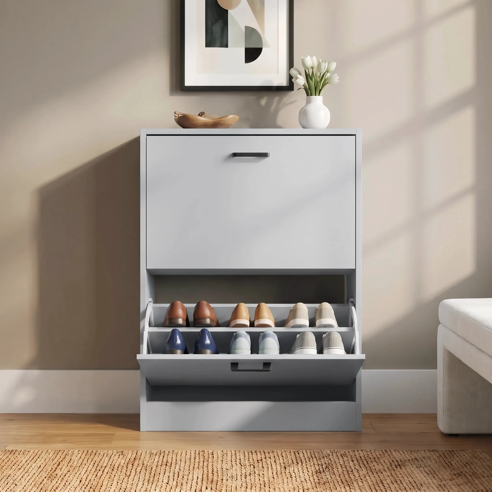 2-Drawer Slim Shoe Storage Cabinet - Light Grey, Engineered Wood alternate view
