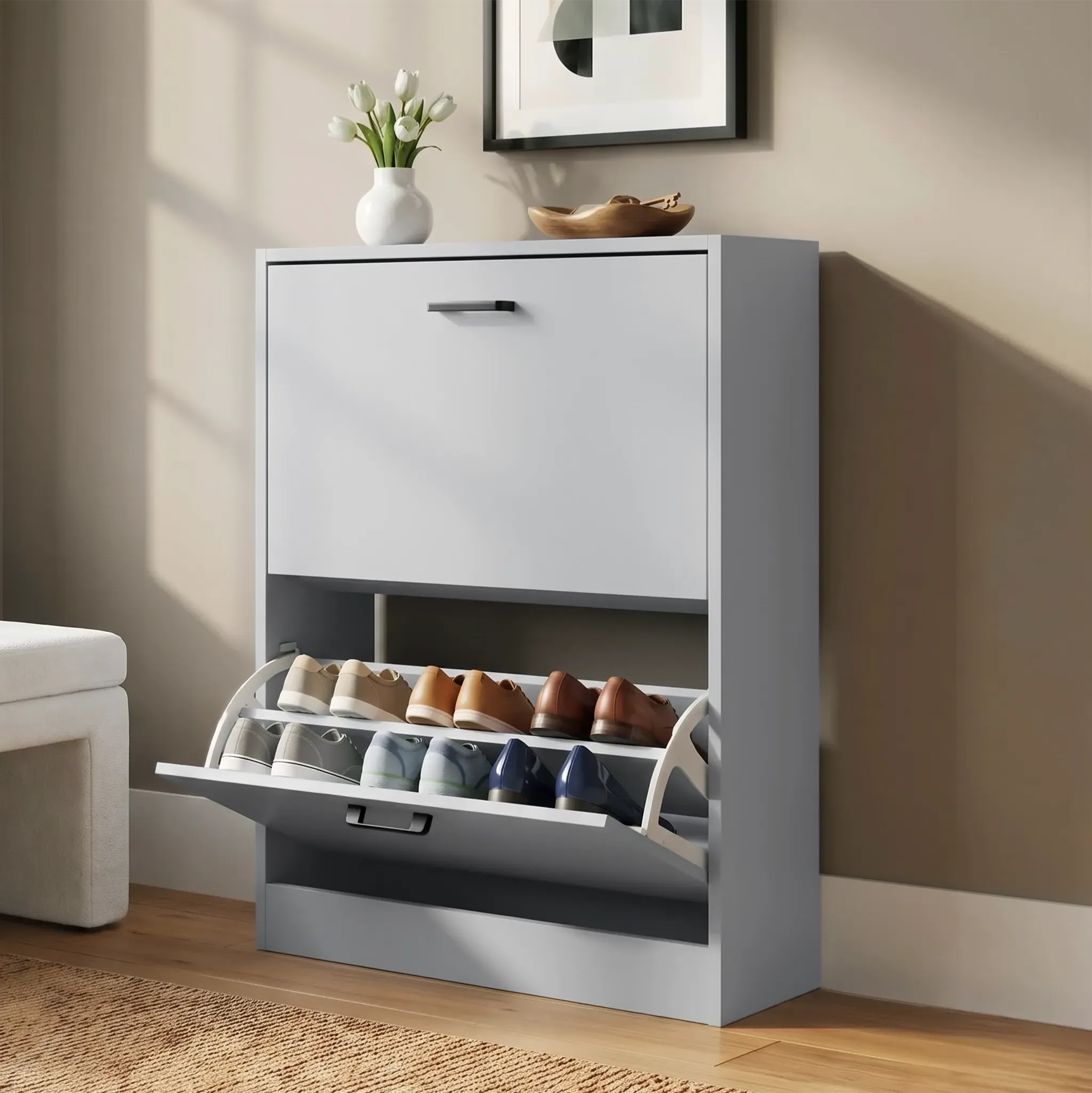 2-Drawer Slim Shoe Storage Cabinet - Light Grey, Engineered Wood product