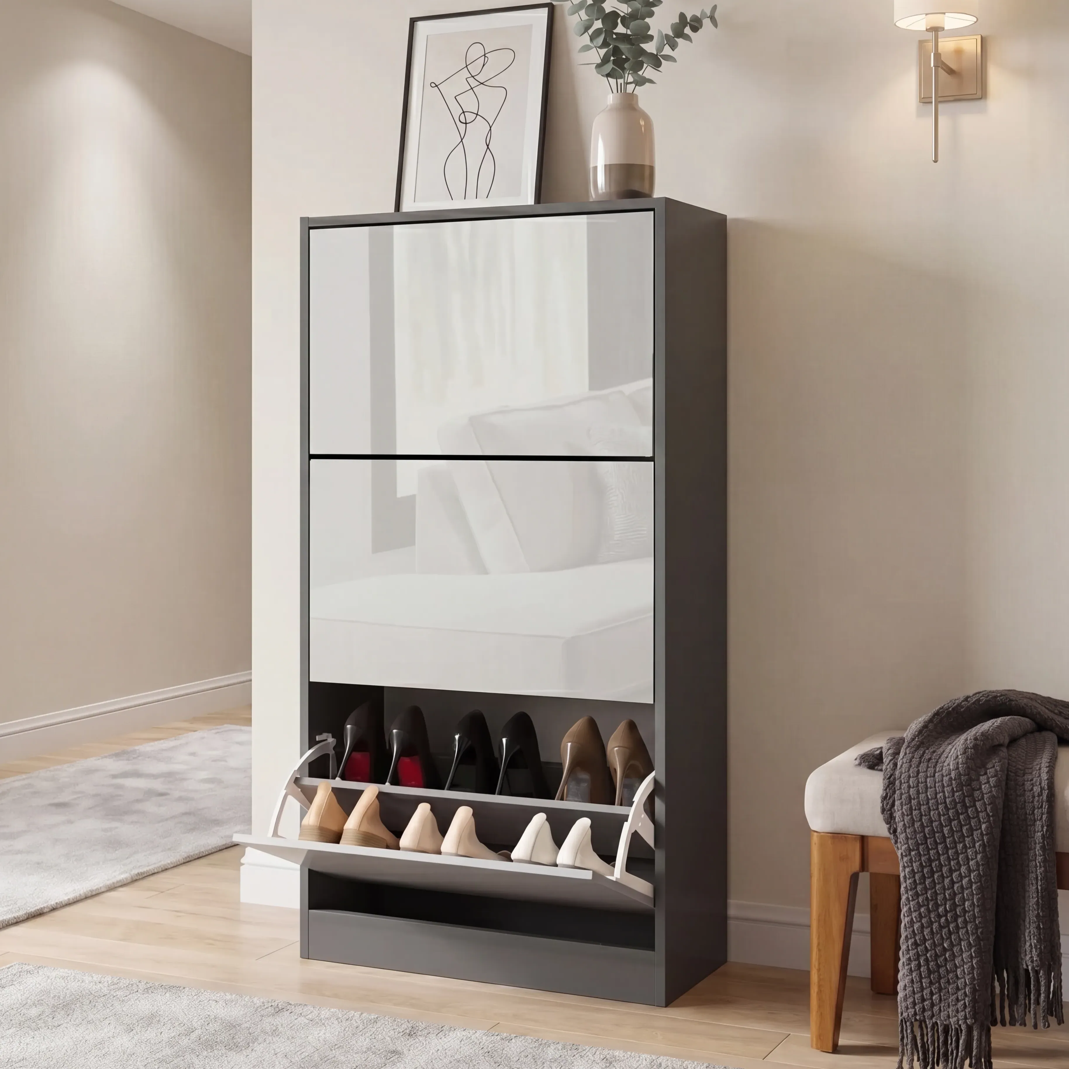 3-Door Slim Shoe Cabinet with Push-to-Open - Dark Grey, High Gloss product