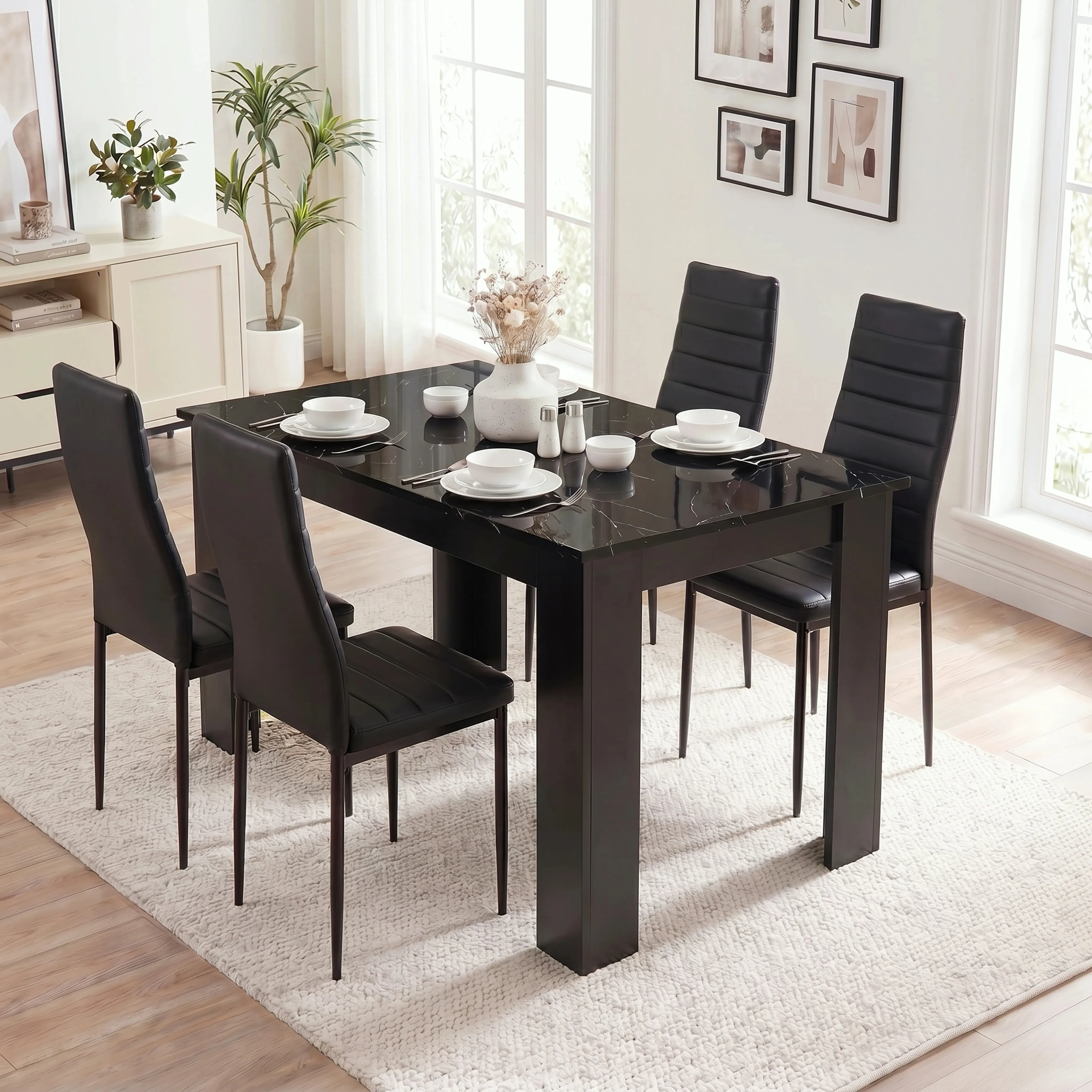 4-Seater Dining Table and Chairs Set - Black, High-Gloss Engineered Wood alternate view