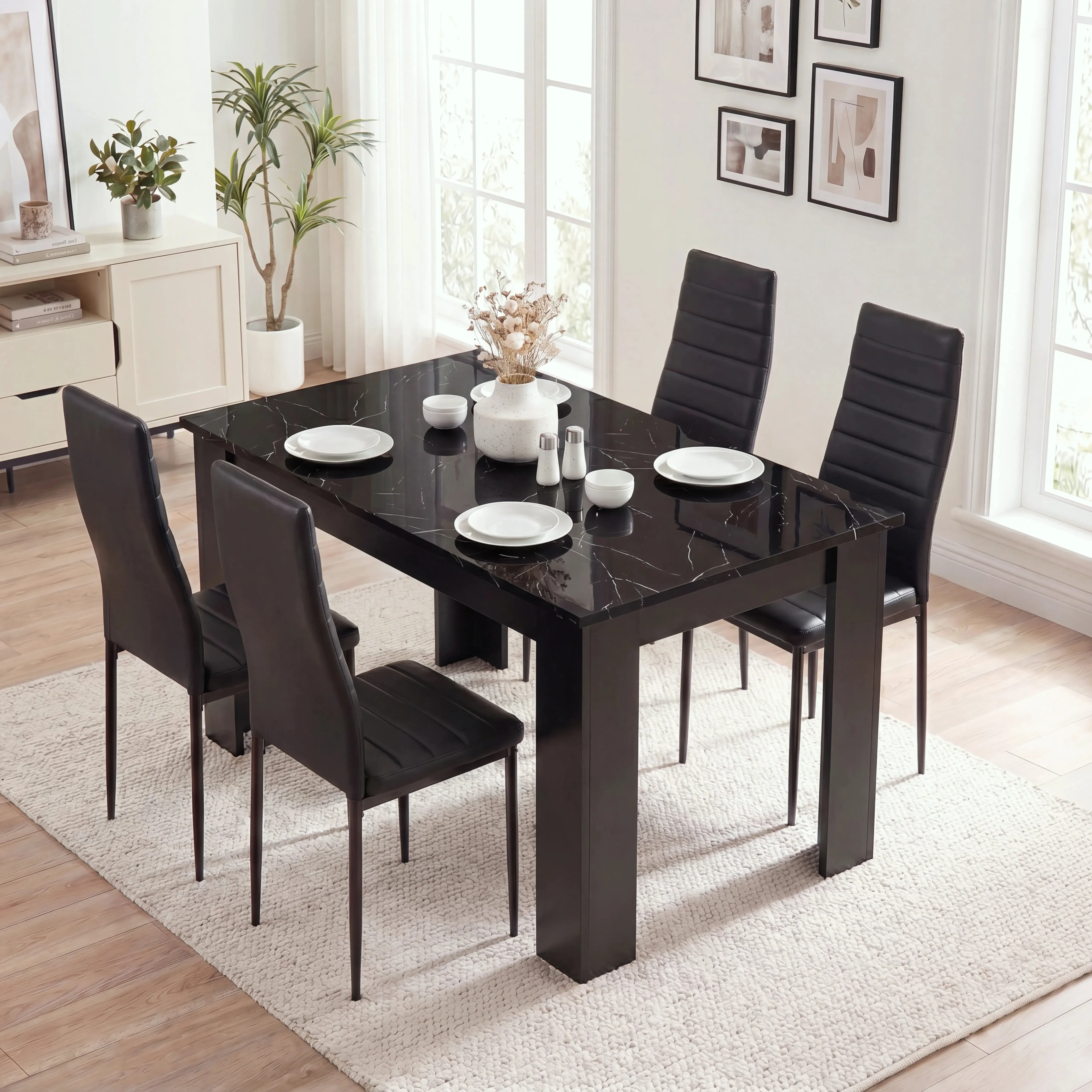4-Seater Dining Table and Chairs Set - Black, High-Gloss Engineered Wood product