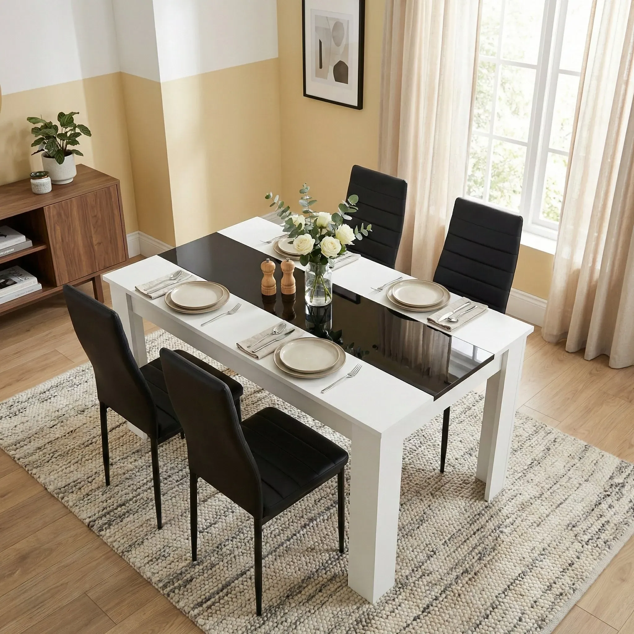 4-Seater Dining Table and Chairs Set - White & Black Gloss, Engineered Wood alternate view