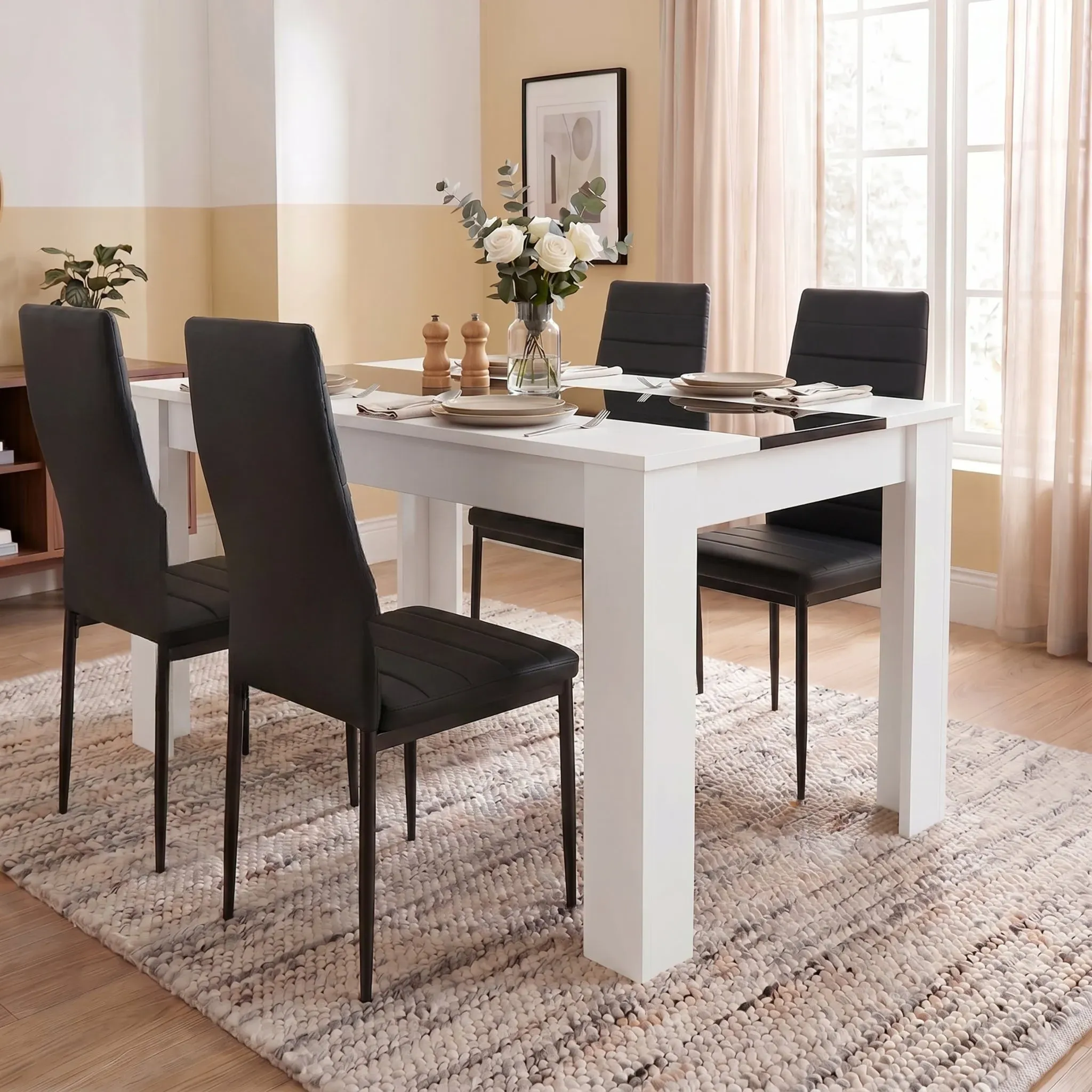 4-Seater Dining Table and Chairs Set - White & Black Gloss, Engineered Wood product