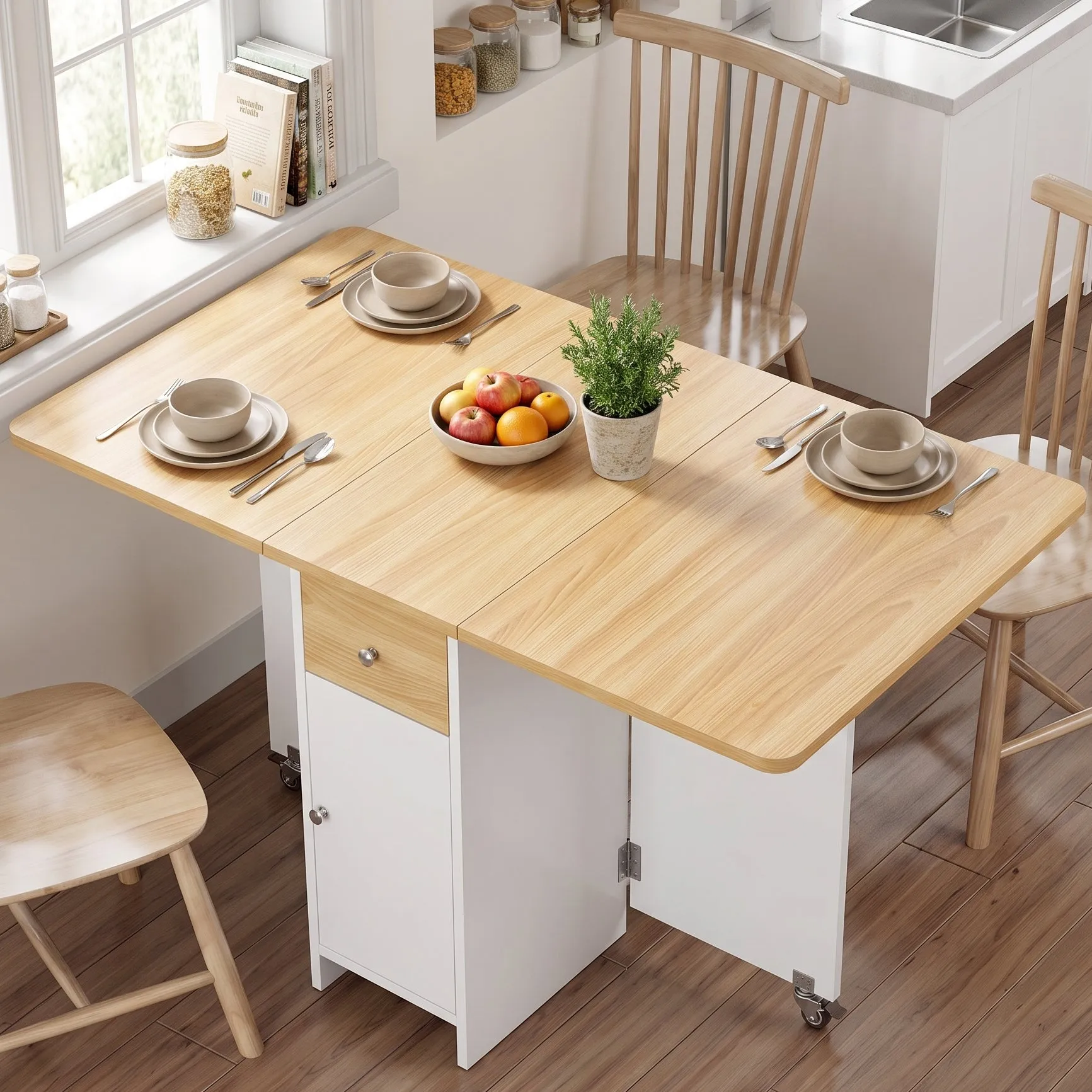 4-Seater Drop Leaf Folding Dining Table with Storage - White alternate view