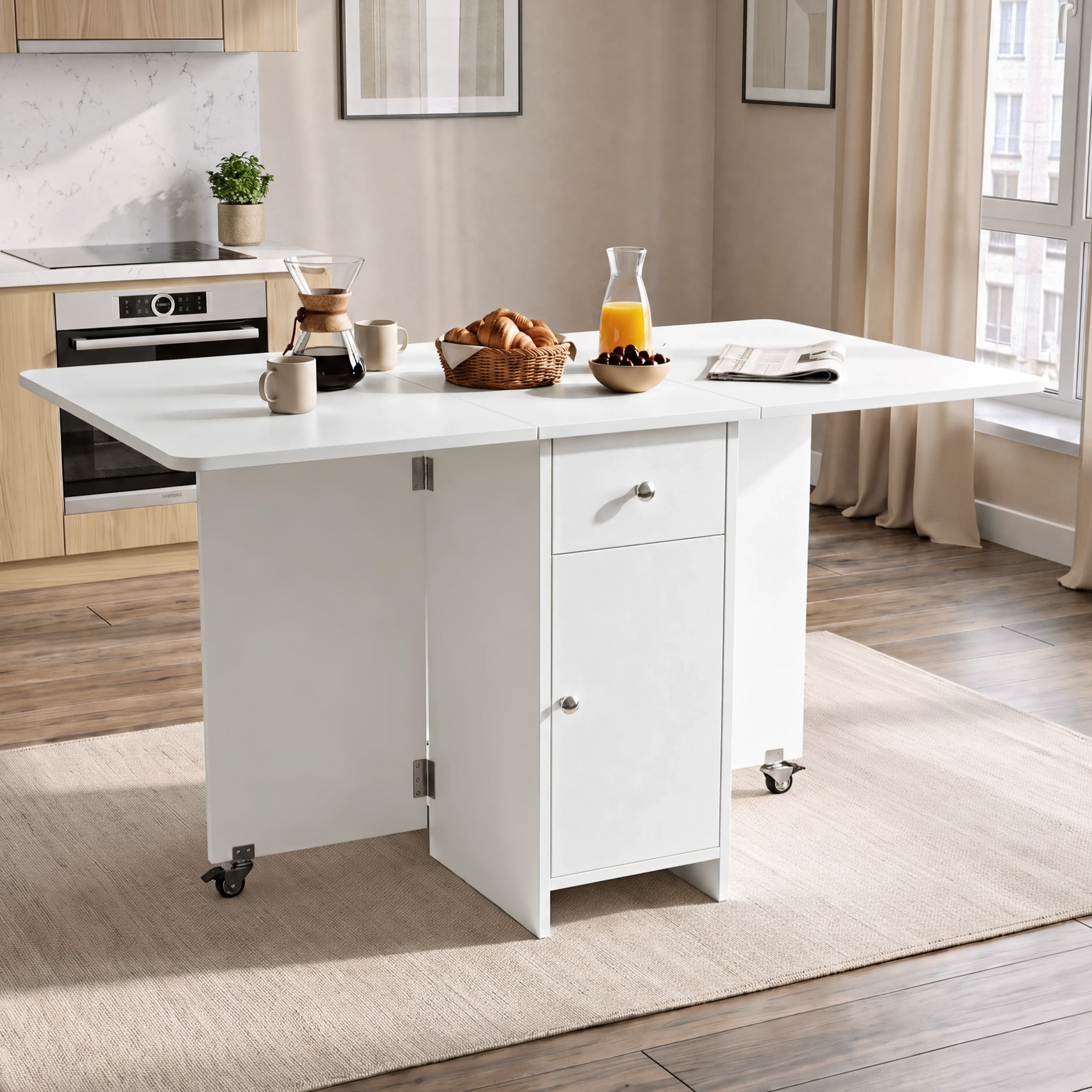 4-Seater Drop Leaf Folding Dining Table with Storage - White product