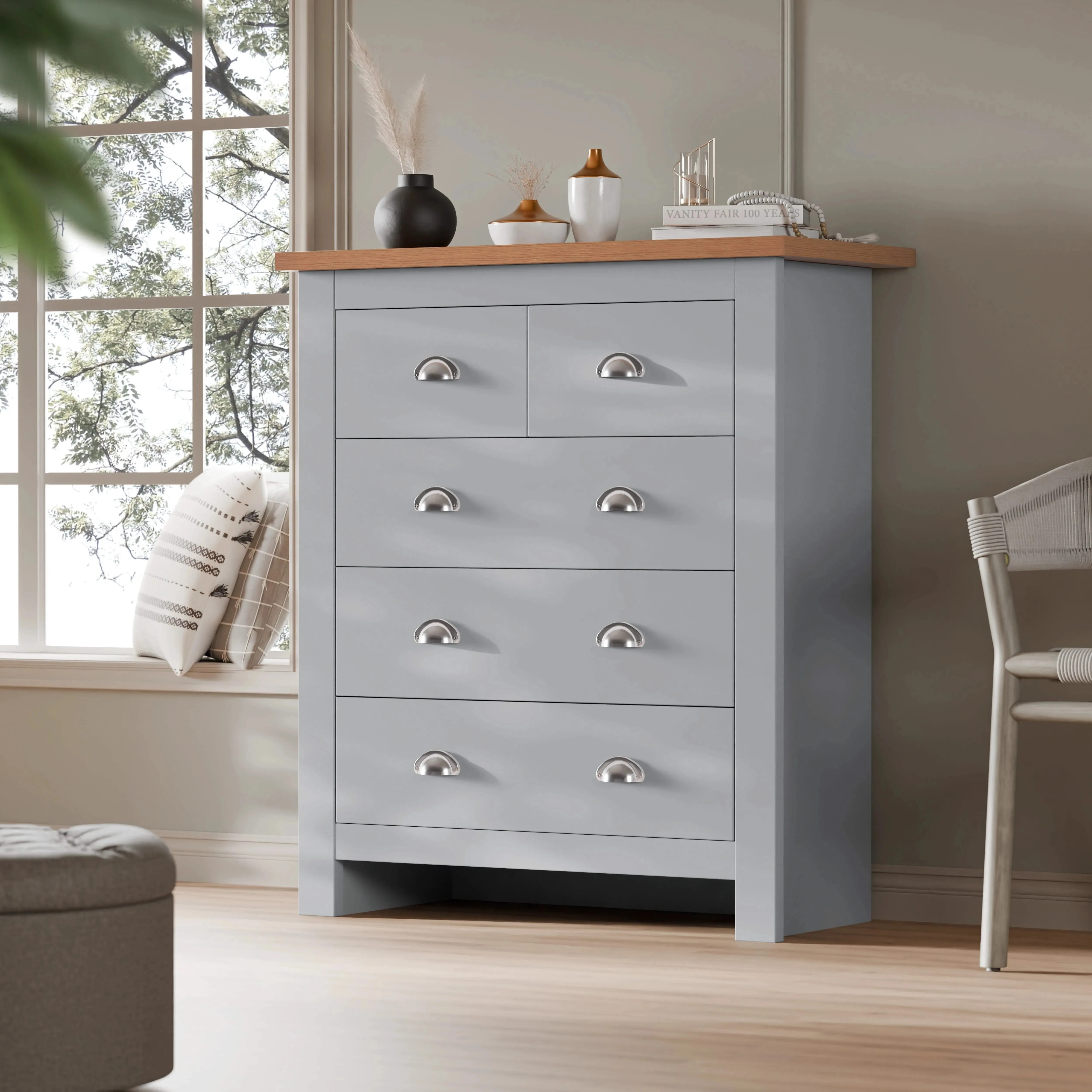 5 Drawer Chest of Drawers Shaker Style - Grey, Particle Board alternate view