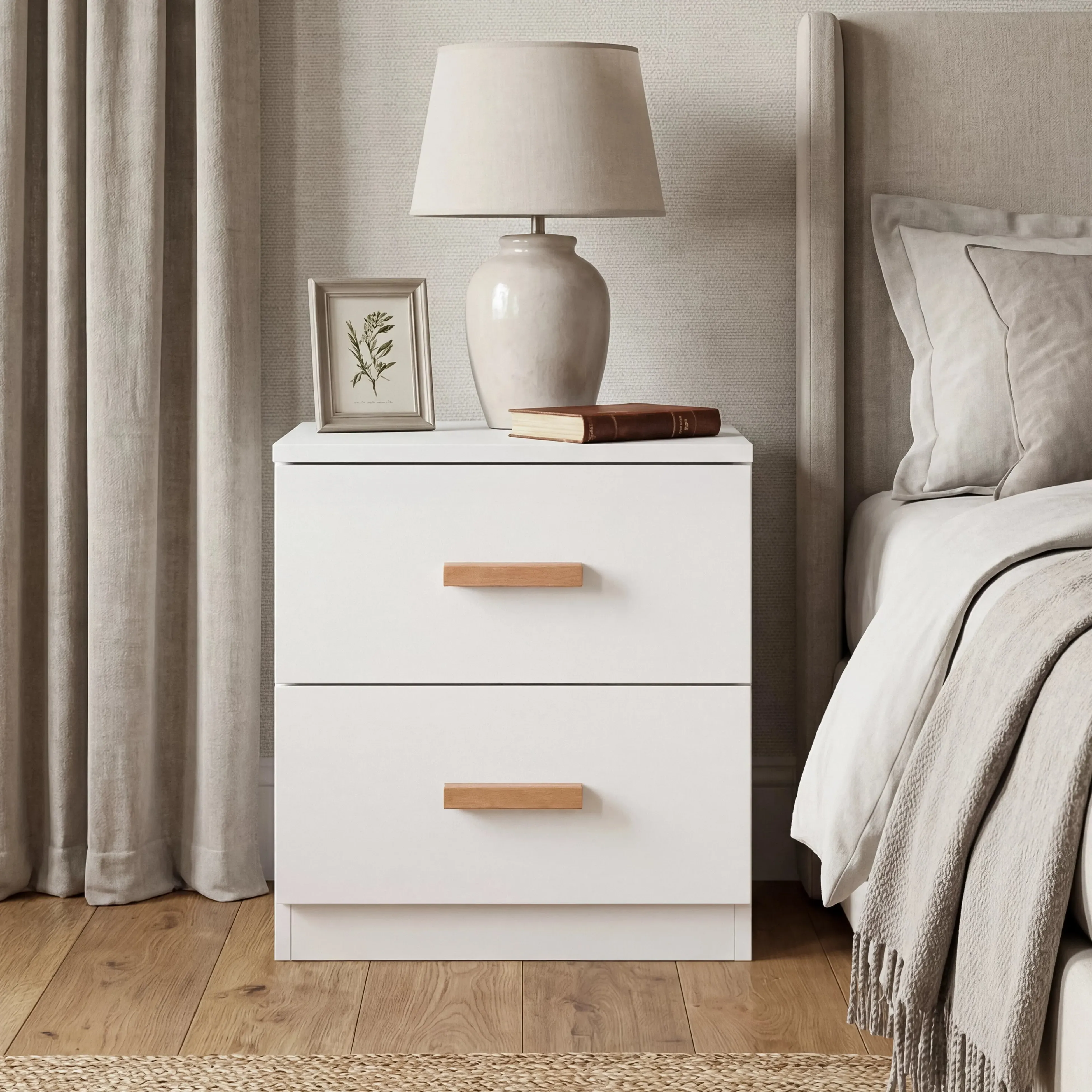 Blythe 2 Drawer Bedside Table - White, Engineered Wood product