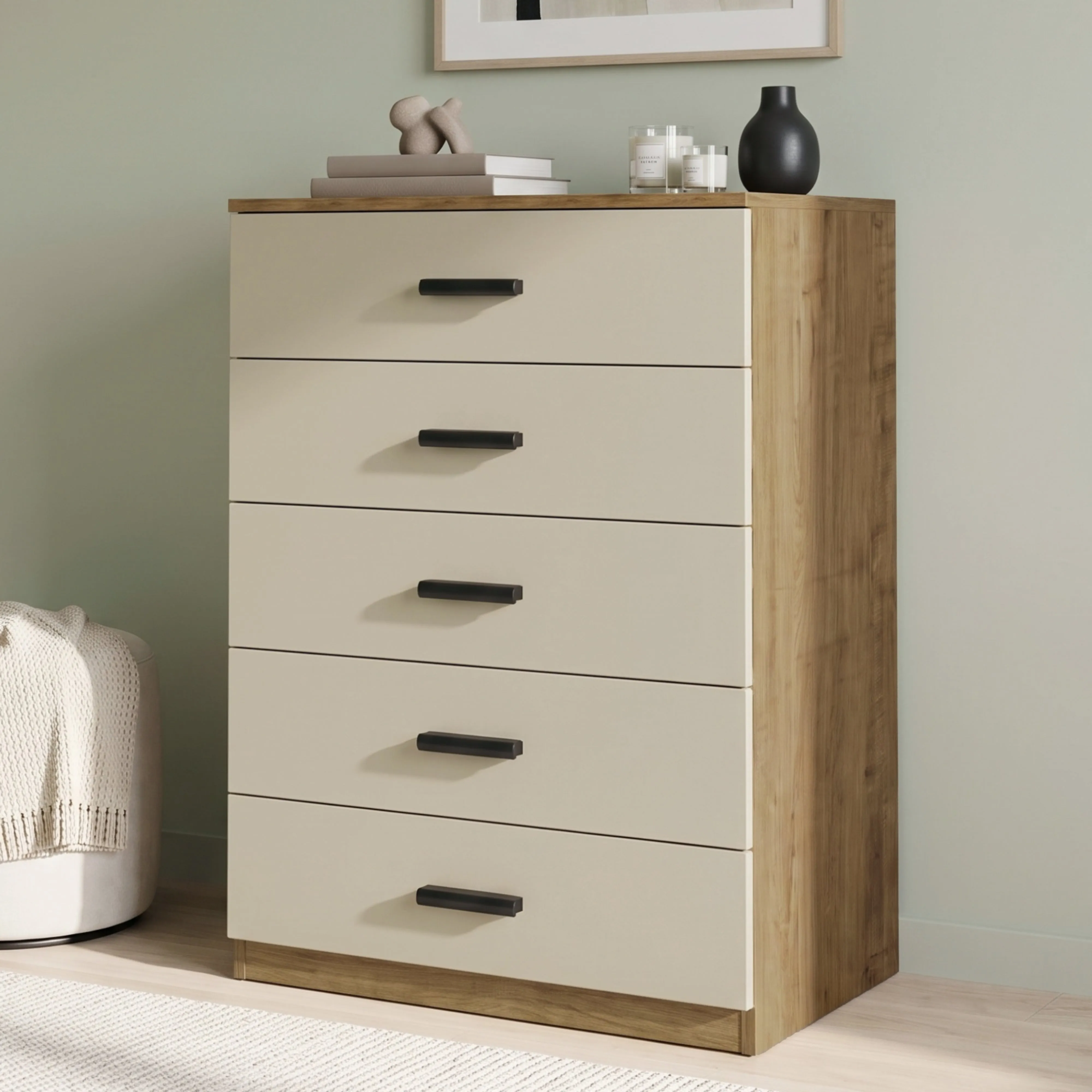 Blythe Tall 5 Drawer Chest of Drawers - Oak Cashmere, Engineered Wood product