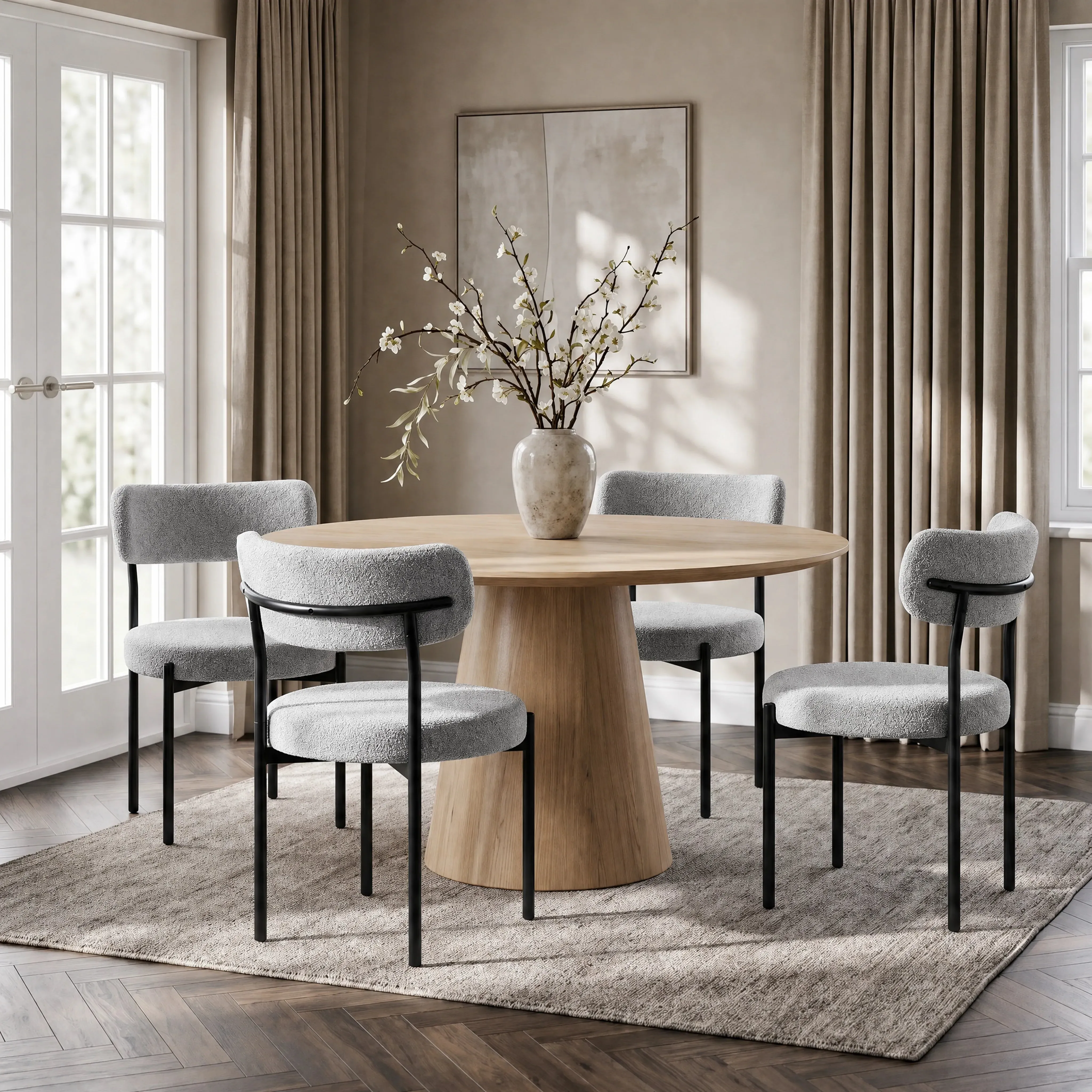 Boucle Dining Chairs Set of 4 with Curved Back - Light Grey alternate view